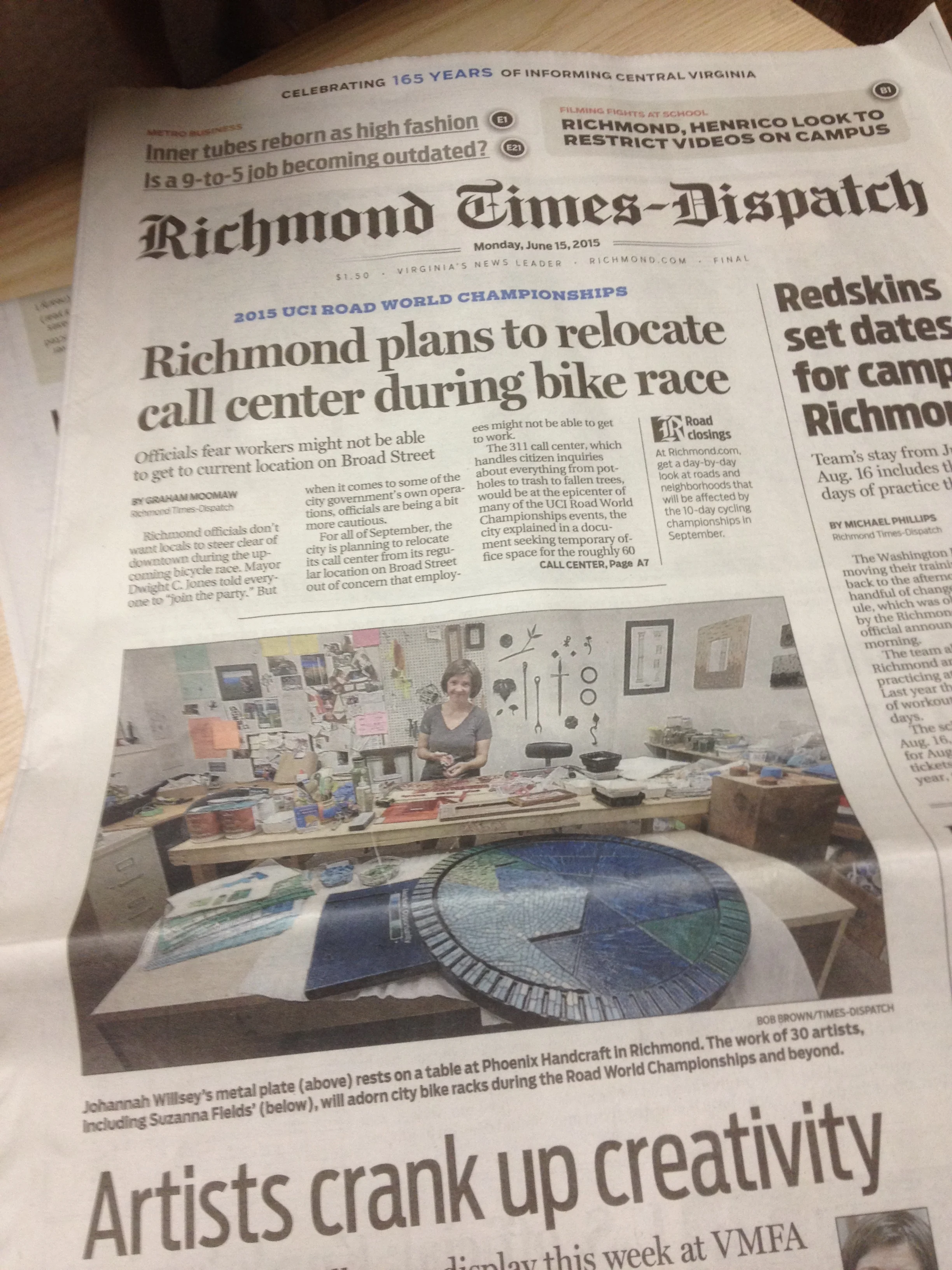 Custom sculptural mosaic made the local front page news