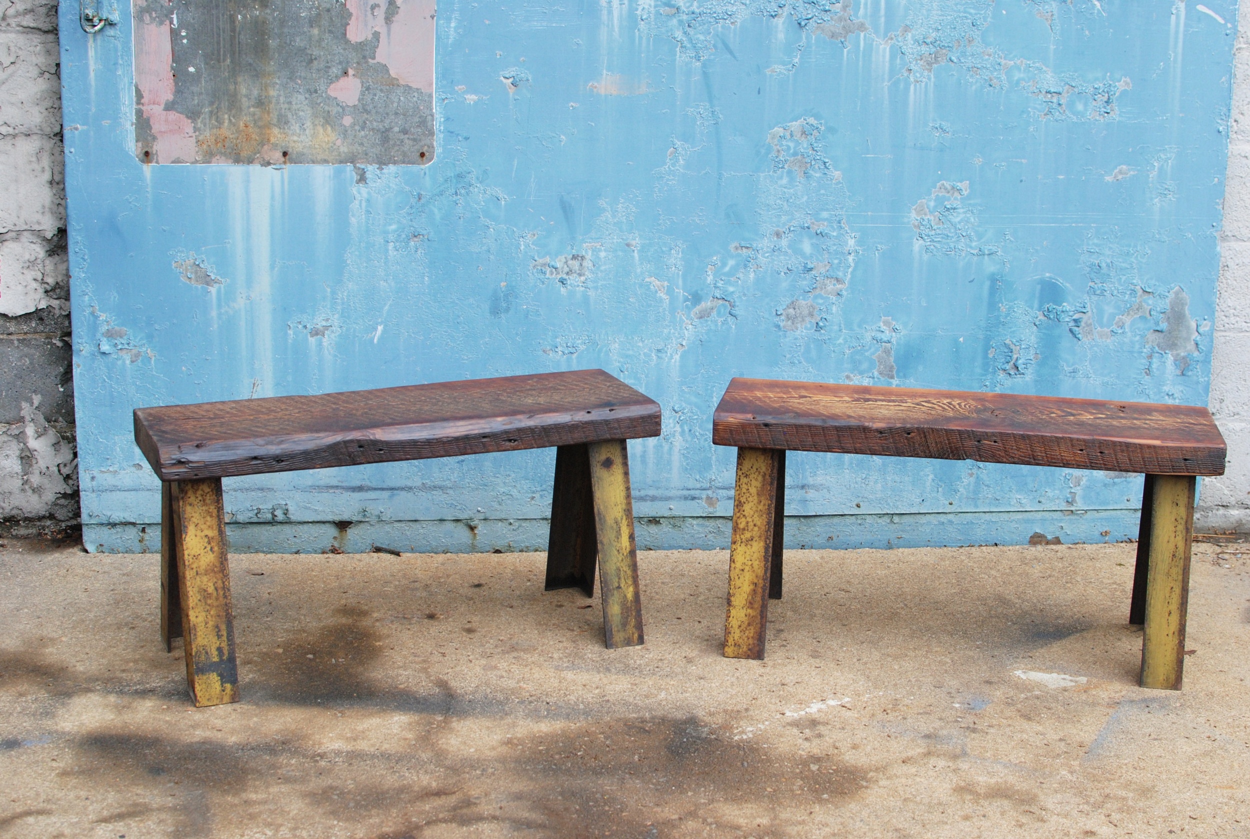 Custom Shockoe Bench with reclaimed wood seat and reclaimed metal legs