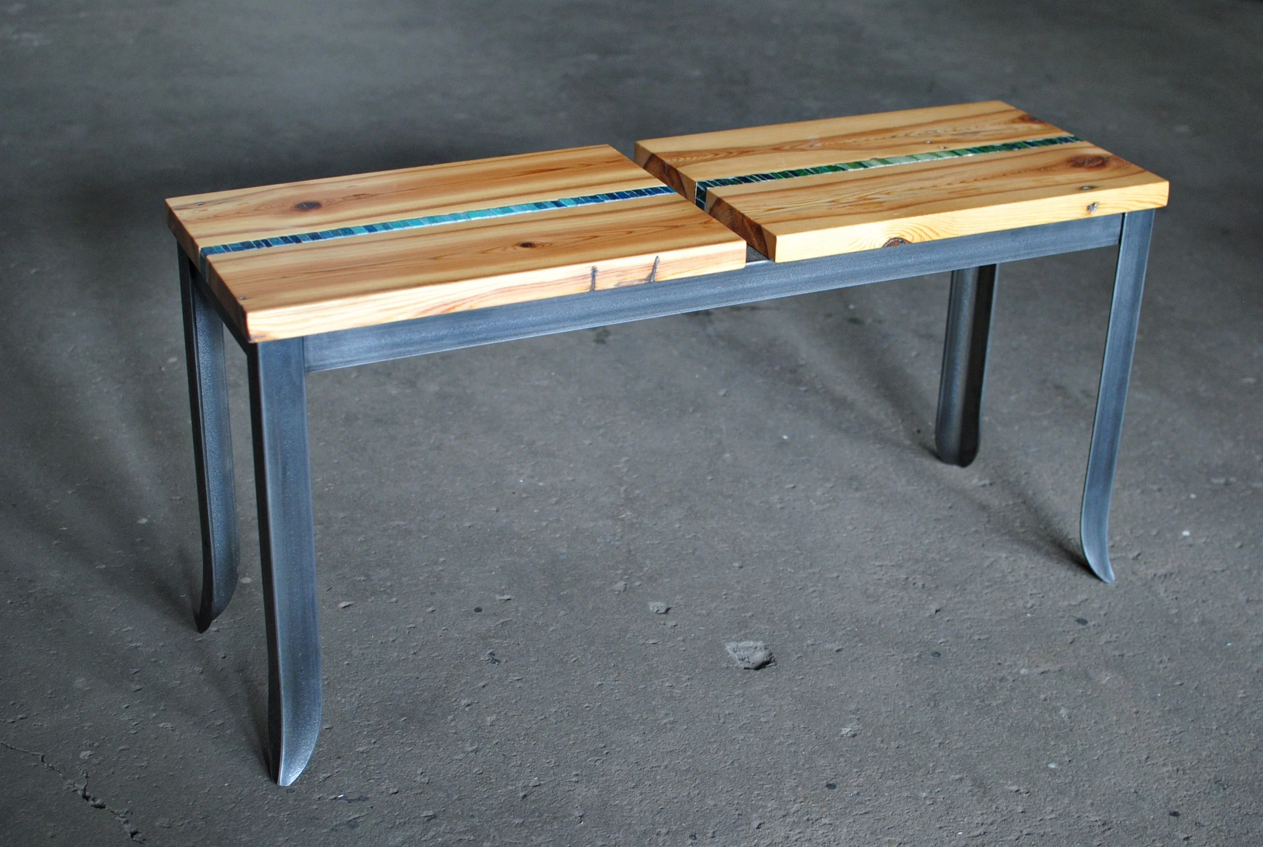Hall Bench in steel, reclaimed heart pine, and mosaic