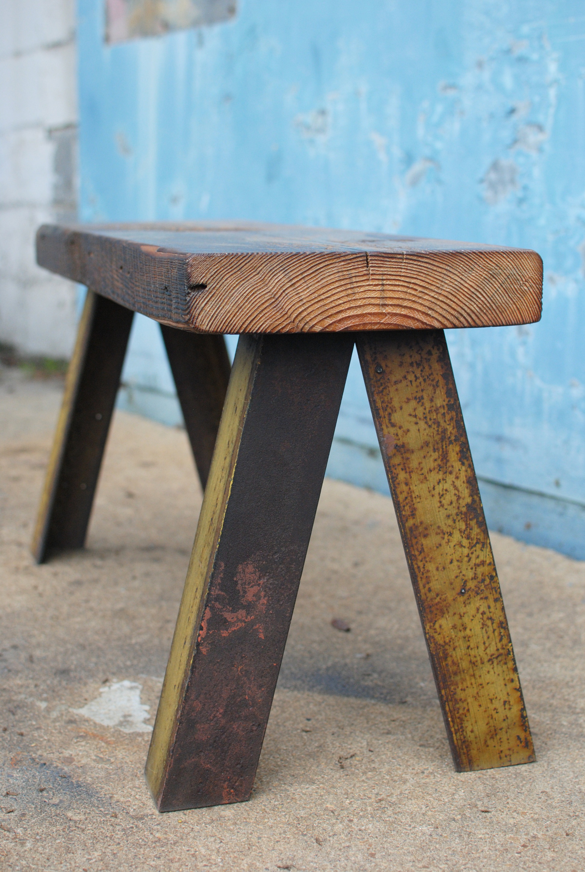Shockoe Bench with reclaimed pine seat and reclaimed steel base