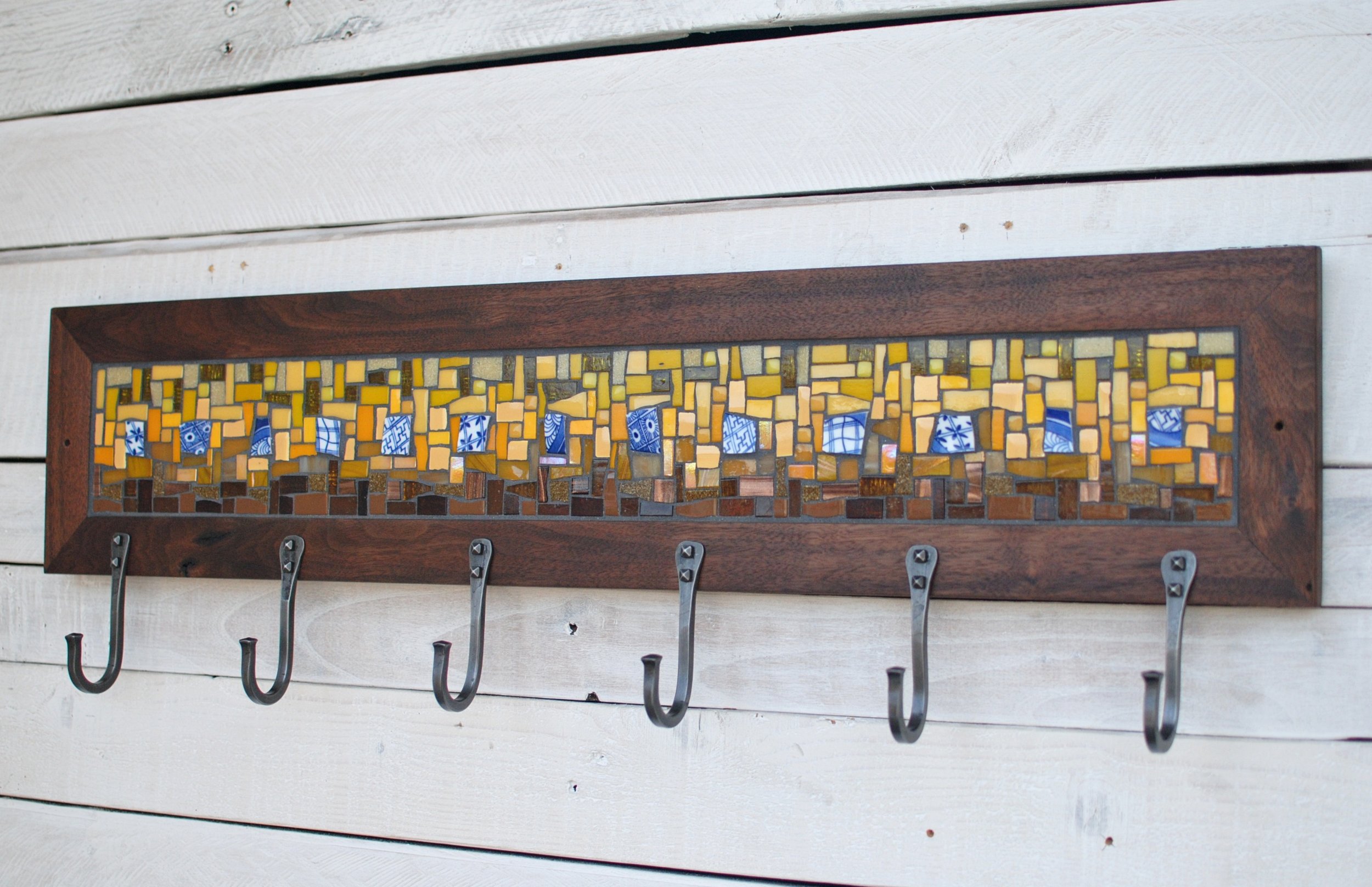 Yellow and blue custom mosaic coat rack