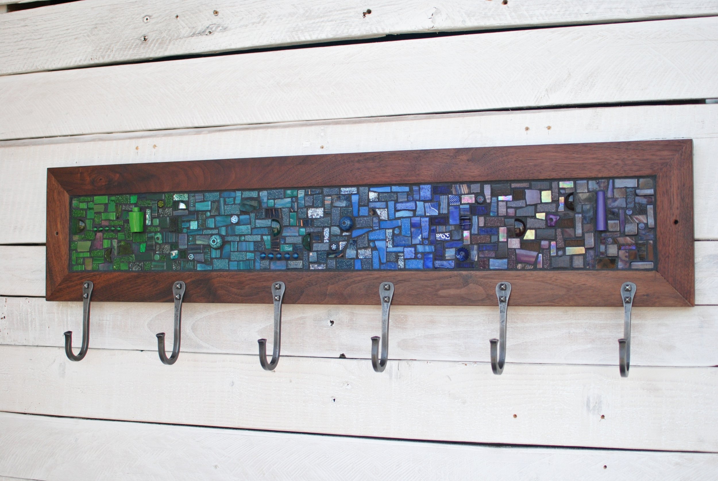 Green and blue custom mosaic coat rack 