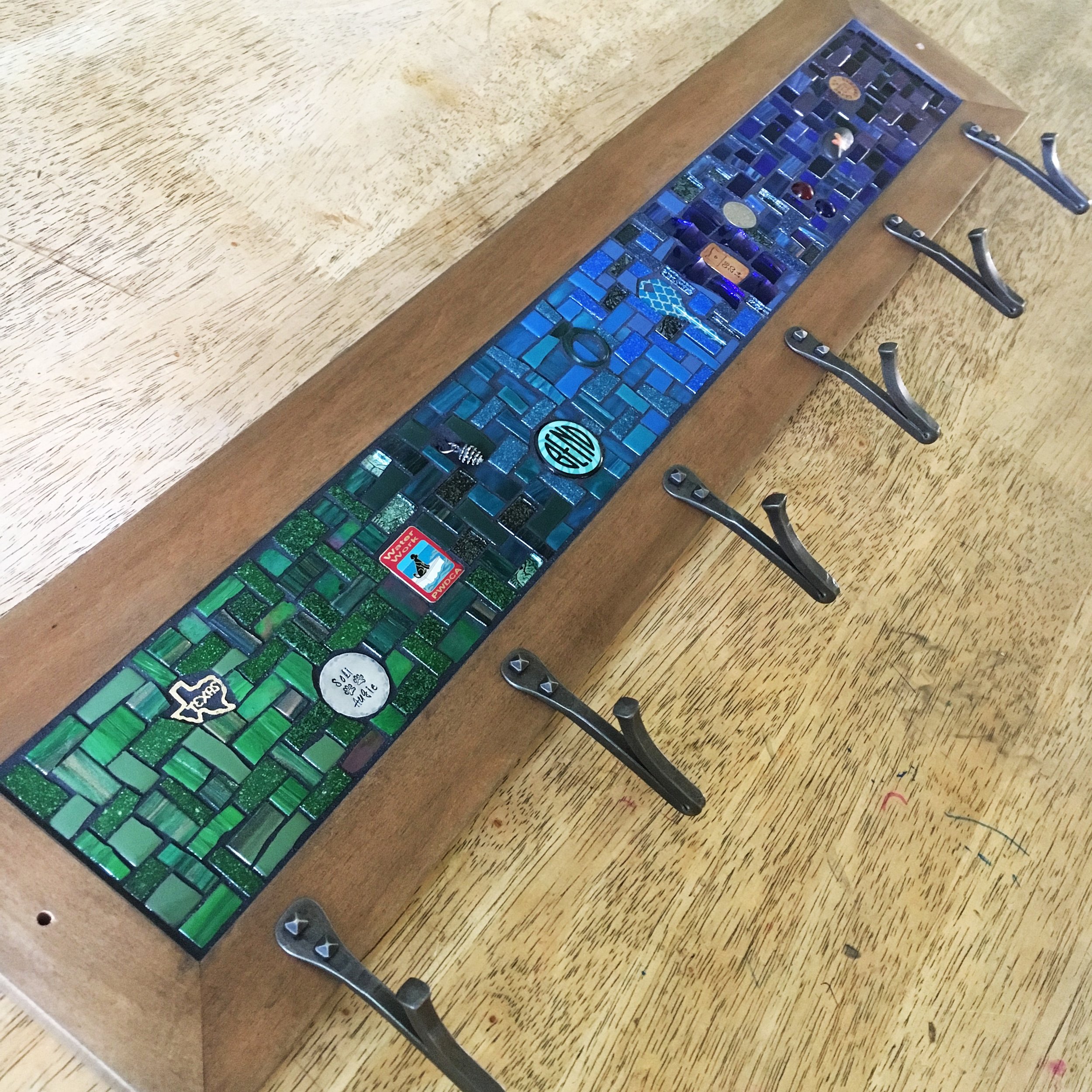 Green and blue custom mosaic coat rack