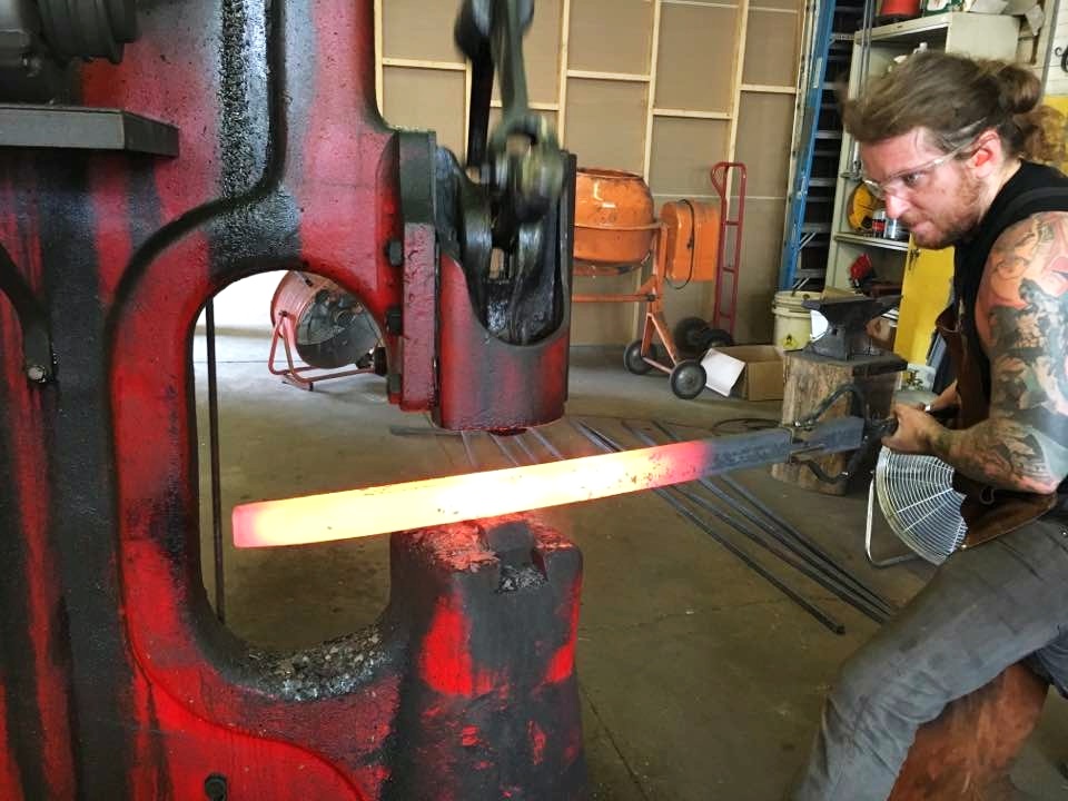 Forging custom dining table legs on the power hammer