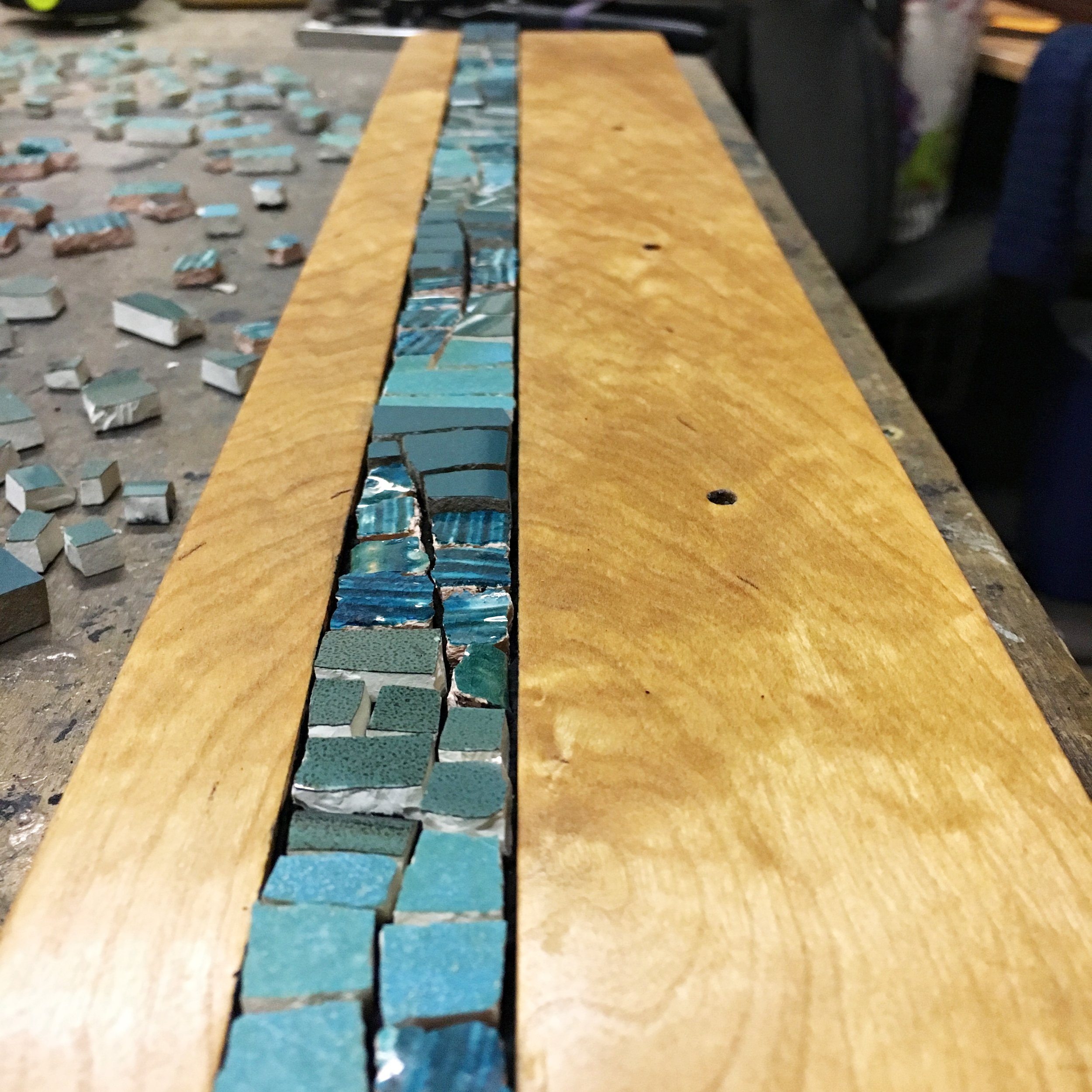 Teal mosaic in process