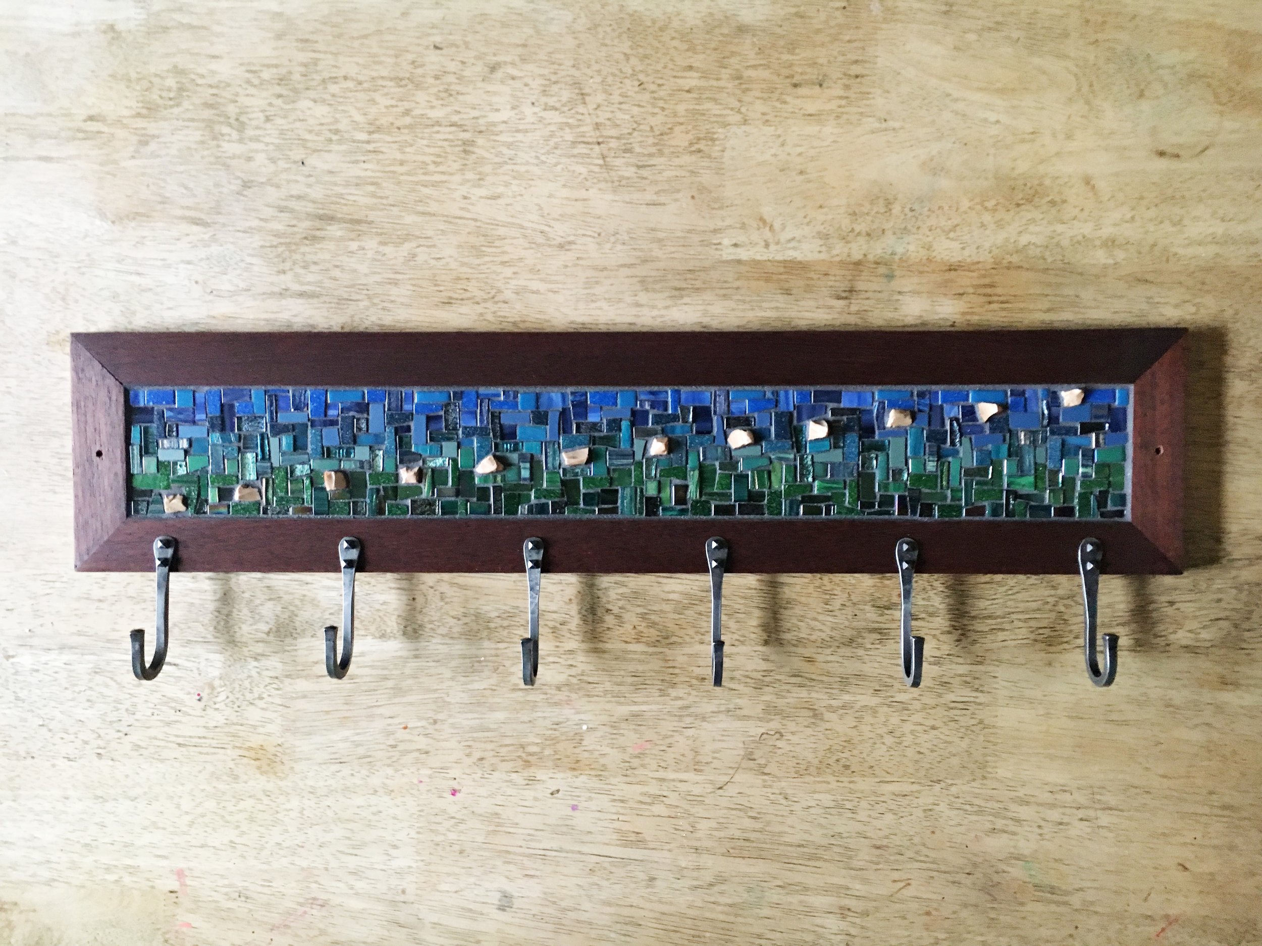 Blue green mosaic coat rack