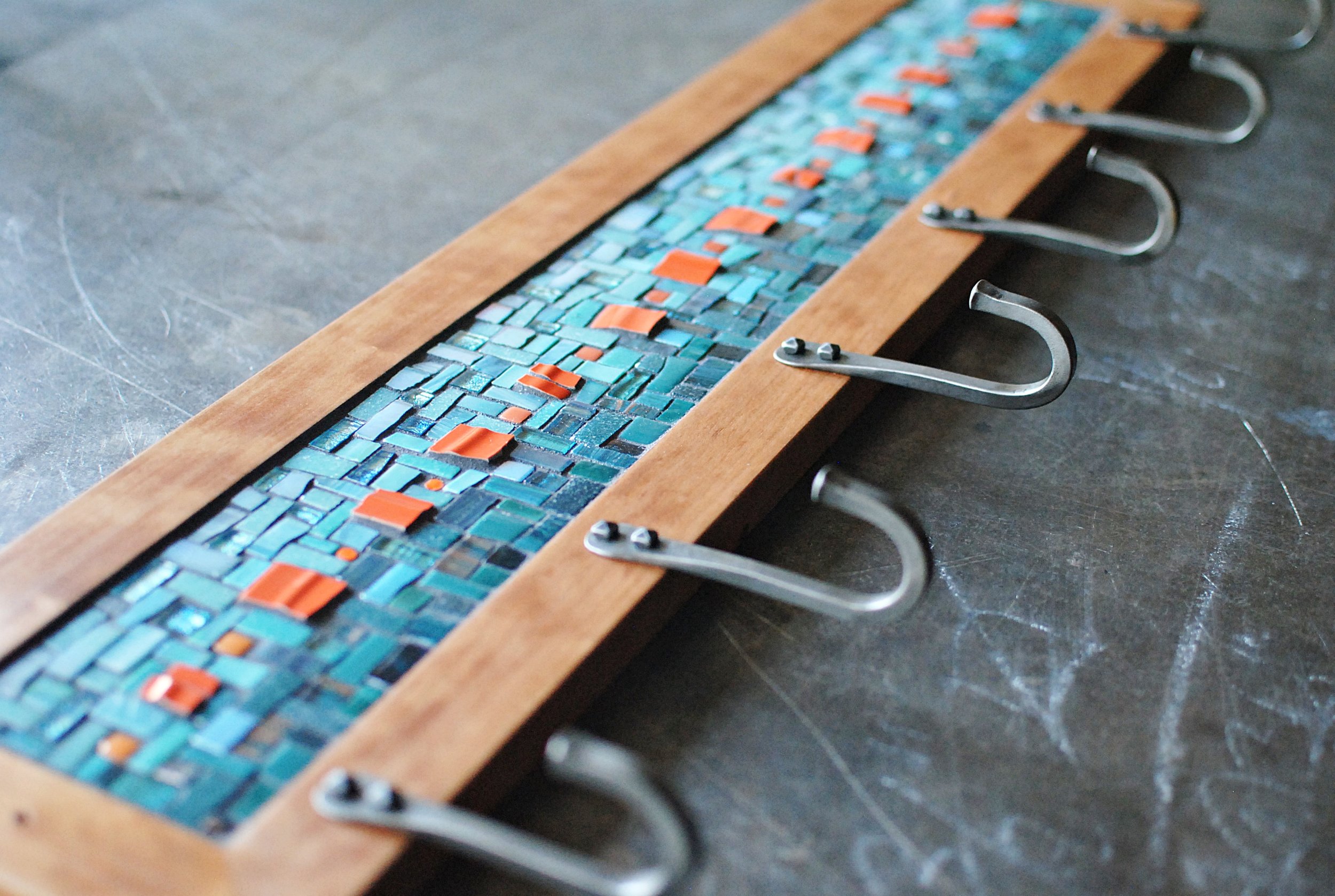 Custom blue and orange mosaic coat rack