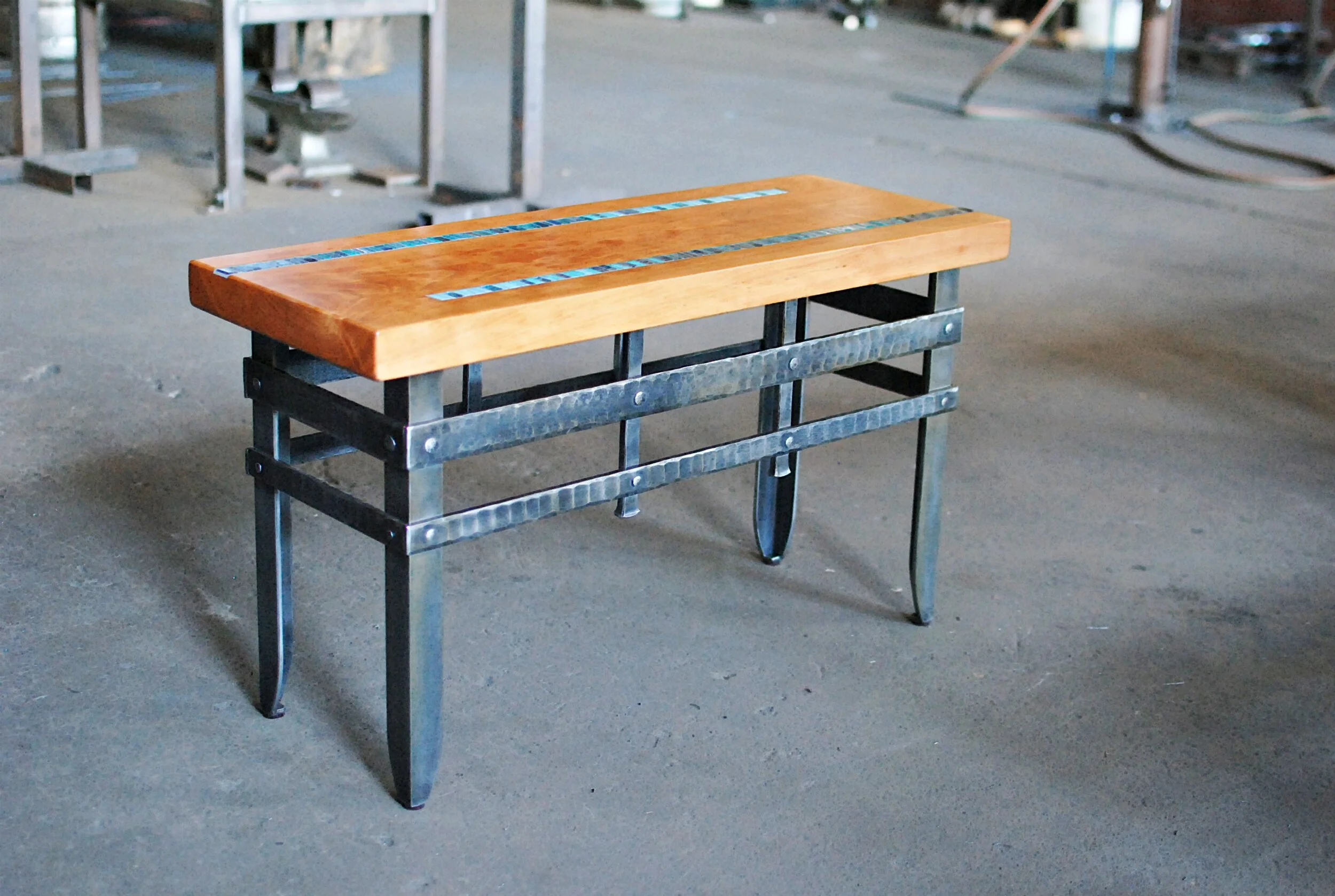 Forged bench with cherry top and mosaic inlay