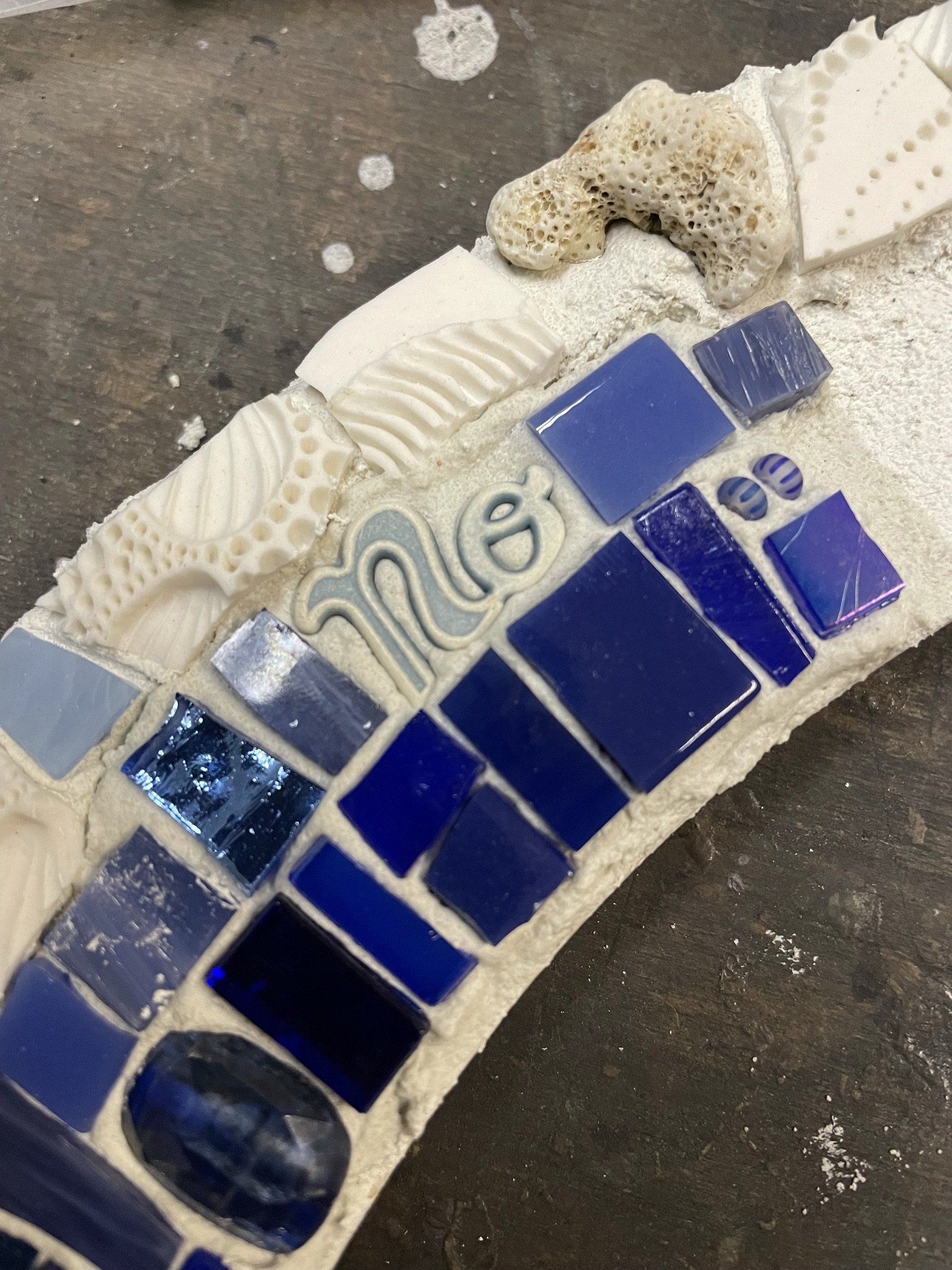 Detail of custom round mosaic mirror in progress