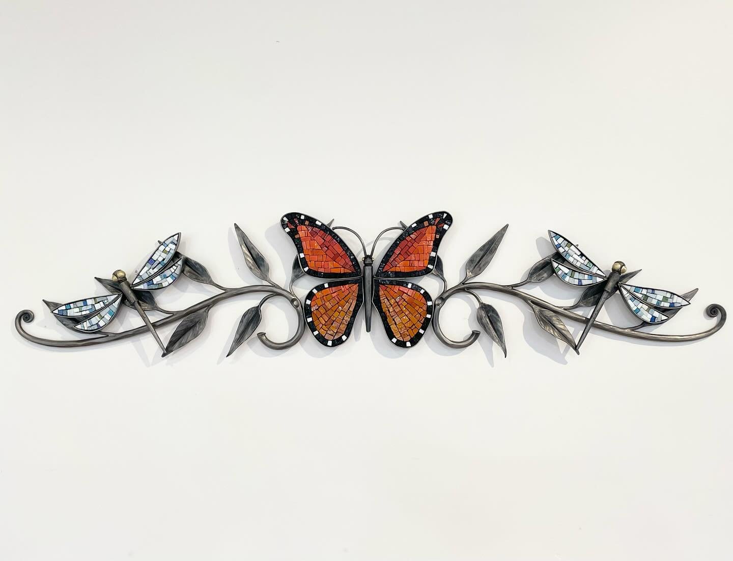 Glamour shots of the butterfly forged steel and mosaic collaborative wall sculpture in our studio before shipped it out. 💅🏻✨

Last slide shows the sculpture installed in its forever home. 🦋

We&rsquo;re having so much fun with this line of work! I