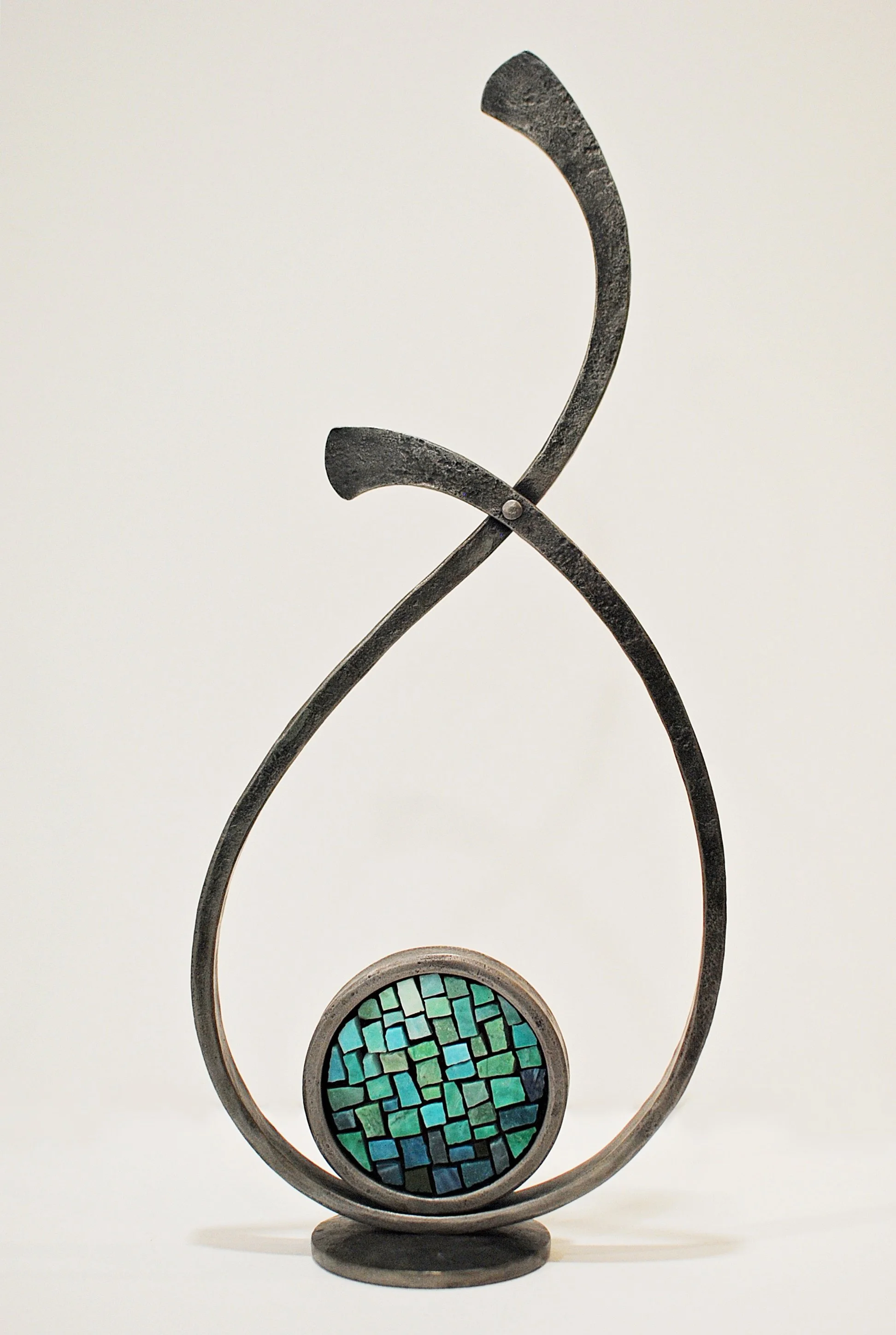 Modern Steel and Turquoise Glass Mosaic Tabletop Sculpture