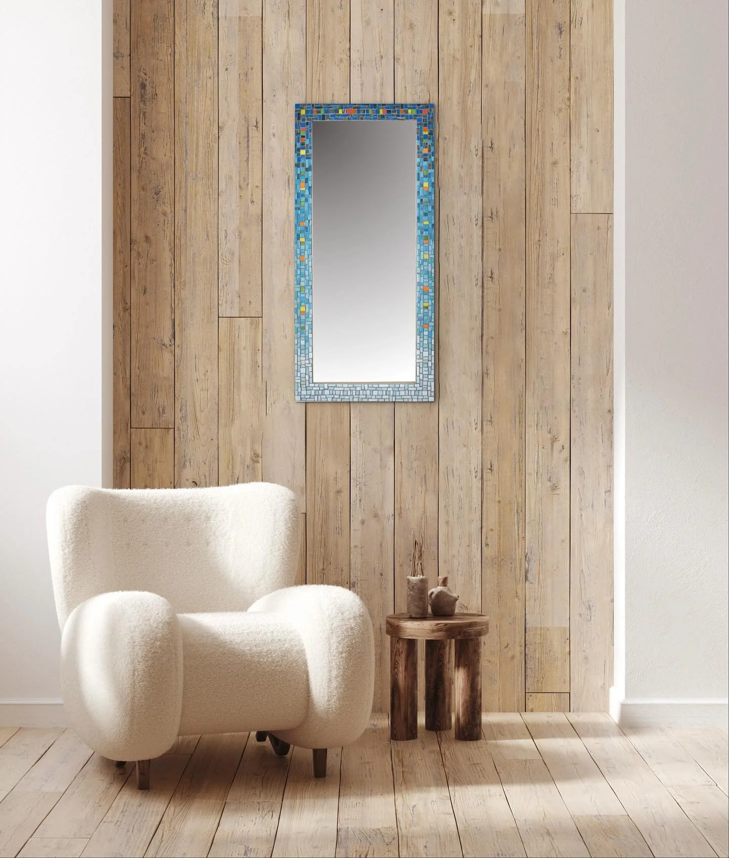 New mirror listing #2 is long and teal with pops of candy colors throughout. 🍭✨🪞

This one was designed to coordinate with our forged steel bench with ash seat and mosaic stretcher in slide #3. They&rsquo;d look great together in an entryway or bed