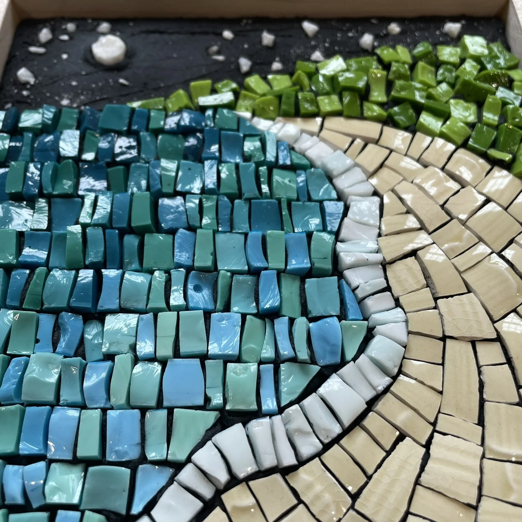 Island Beach Cove-- smalti &amp; reclaimed  ceramic and marble