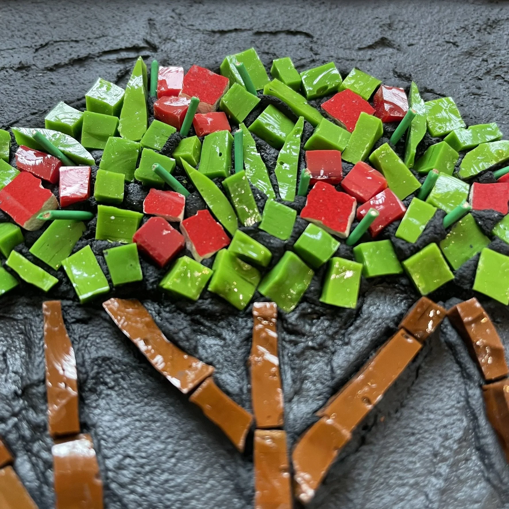 Frangipani tree detail -- smalti &amp; reclaimed wire and ceramic