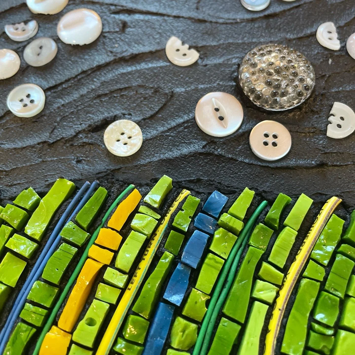 Jellyfish &amp; seagrass detail-- smalti, reclaimed electric wire &amp; buttons