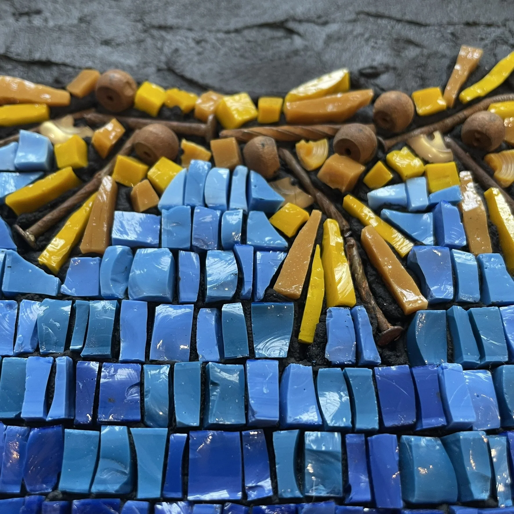 Sargassum mat detail-- smalti, reclaimed nails, beads, &amp; buttons