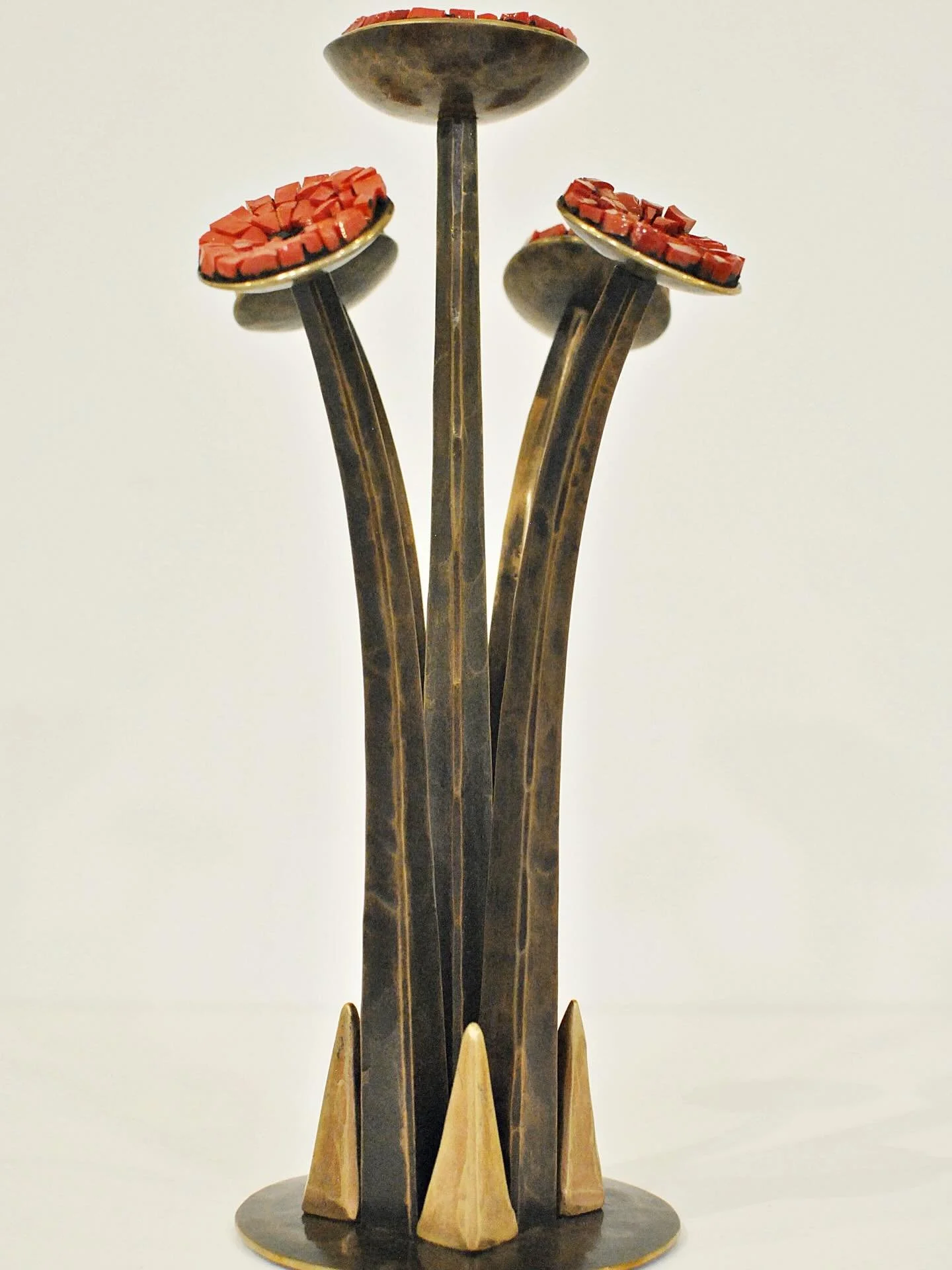 Long and lean &ldquo;Poppies I&rdquo; in forged bronze and Italian smalti mosaic. There is something so rich and luscious about red and gold together. Approximately 13&rdquo; tall with a 4&rdquo; base. Available in our Etsy shop. &diams;️✨