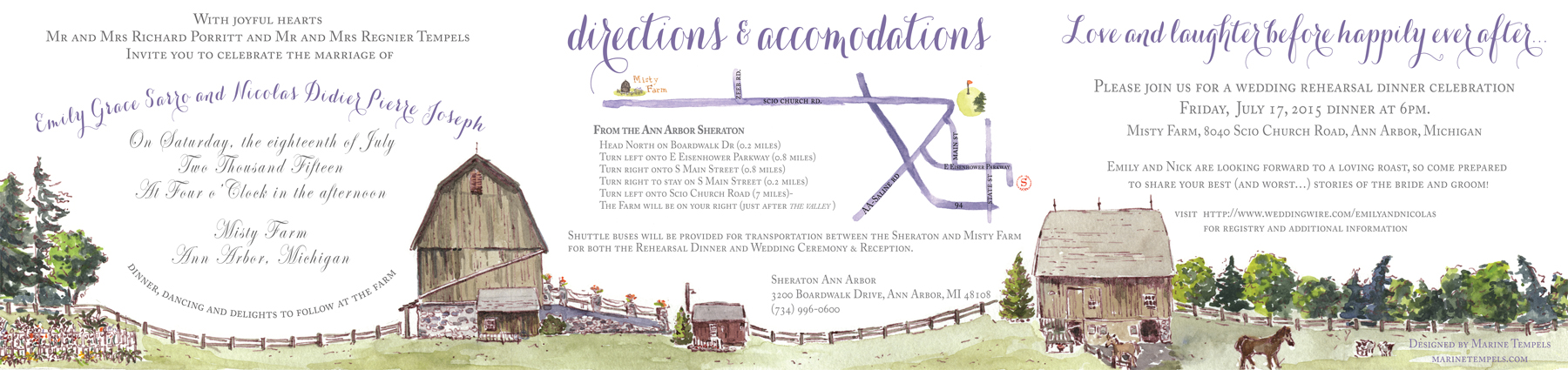 The invitation is a tri-fold panoramic view of the farm where they were married.