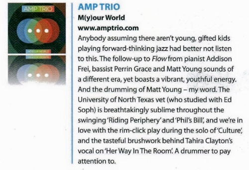 - Drummer Magazine on AMP Trio's, m(y)our world . 