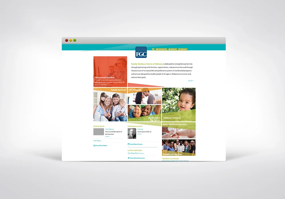  From the home page, when the user hovers over the program or category image, the transparent shape will slide up or down, revealing the description of that item. Clicking each box will take the user to that page.  Under the home page feature boxes a