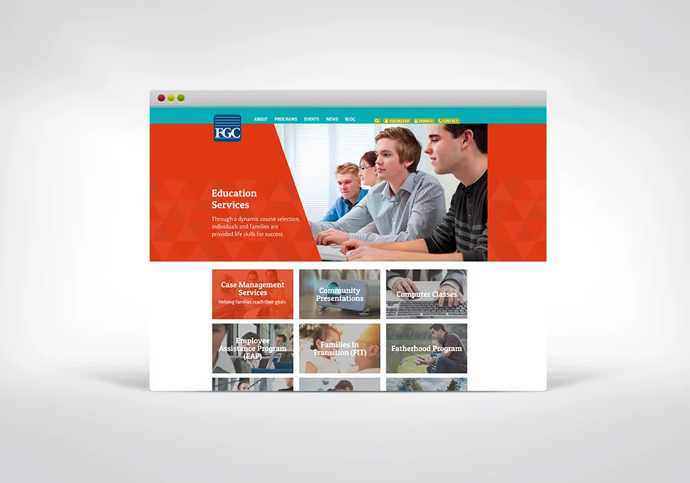  On the program category pages, which are color-coordinated throughout the site (red, green and orange), the user can view the available programs for that category via the image thumbnail list. Hovering over the image brings up a color overlay with t