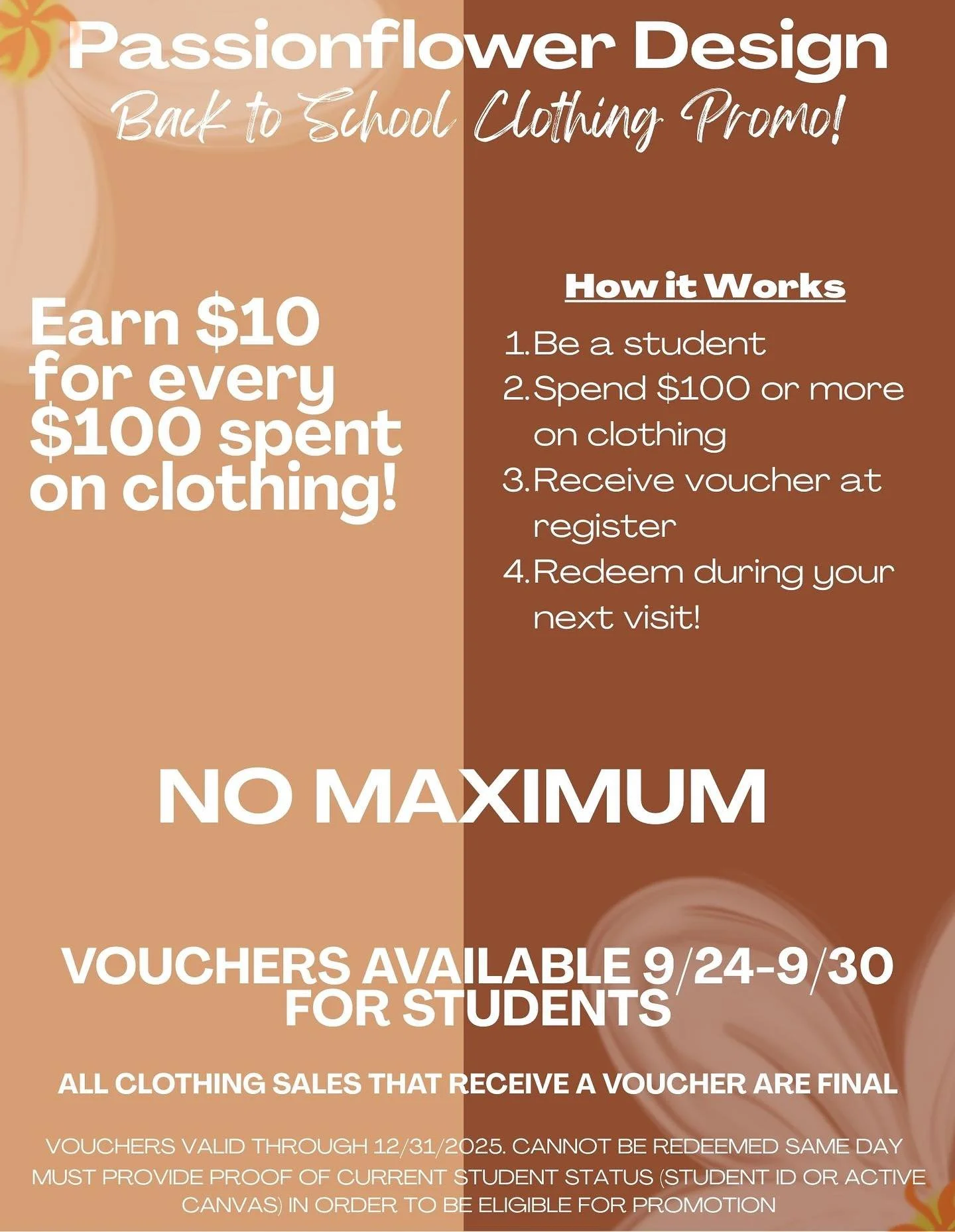 Welcome back students! Prepare for back to school with some new fall outfits and enjoy a $10 voucher for every $100 you spend on clothing this week🍂🦆📚
