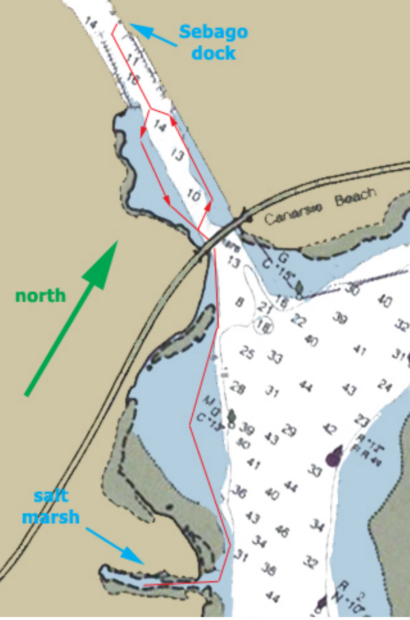 Here's a map of our route for the day heading out from the dock down to the Salt Marsh and back again. Map is from Sebago's Beginner Kayaking Guide.