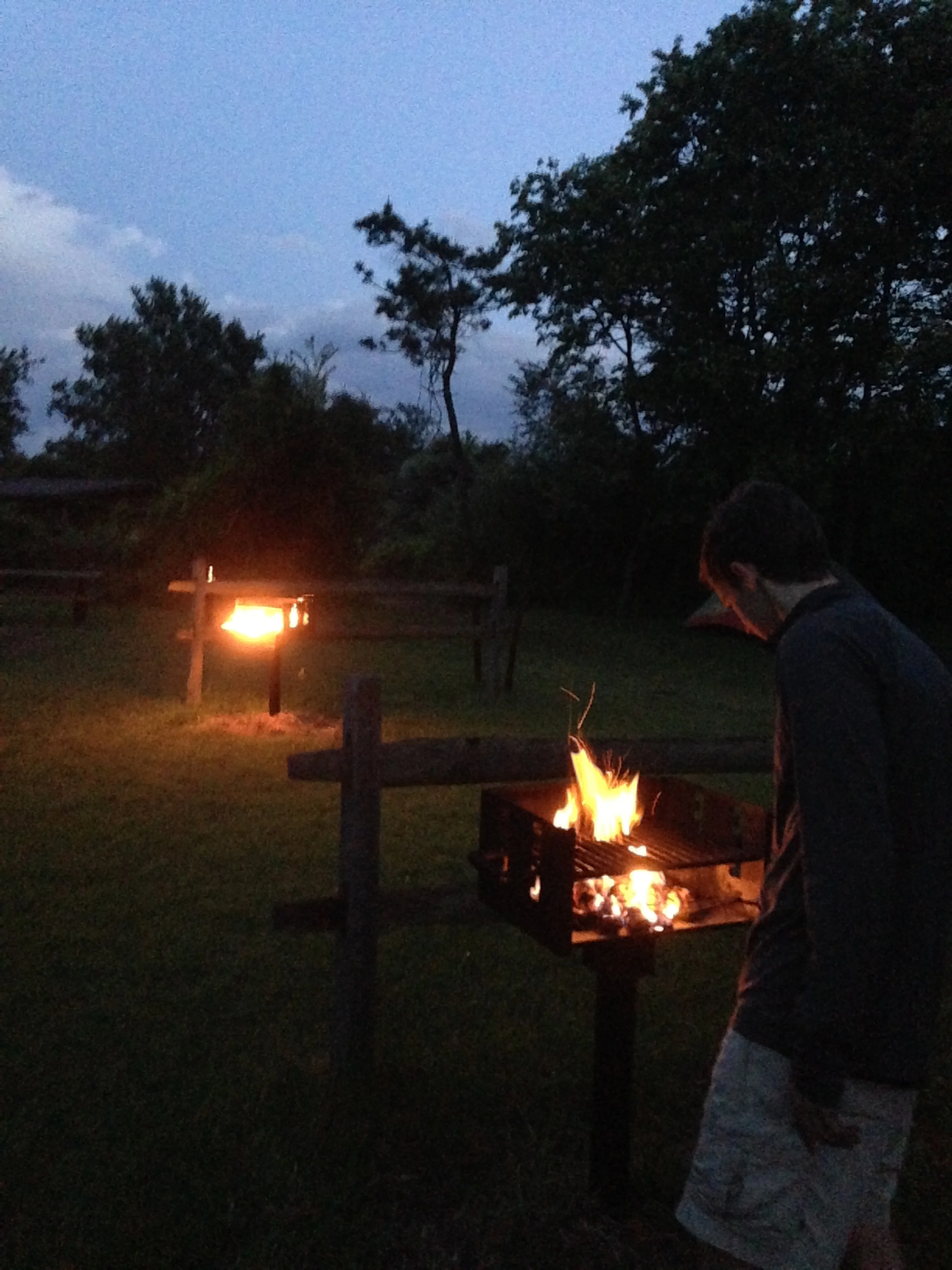 Fire pits and grills are scattered throughout the campgrounds