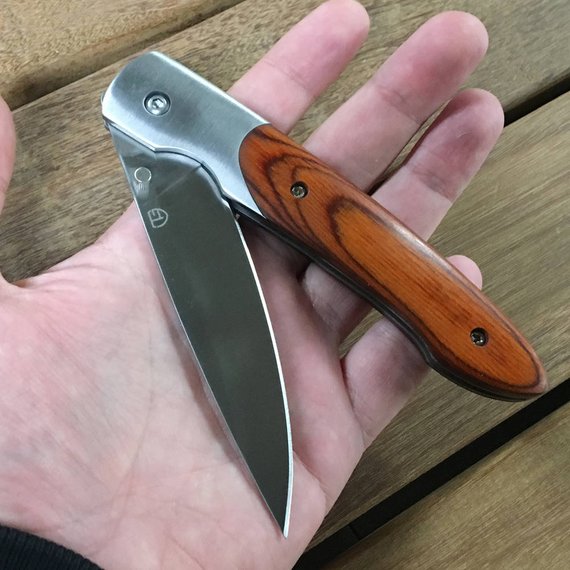 Custom Folding Pocket Knife with Engraved Knife Blade, Wood Handle