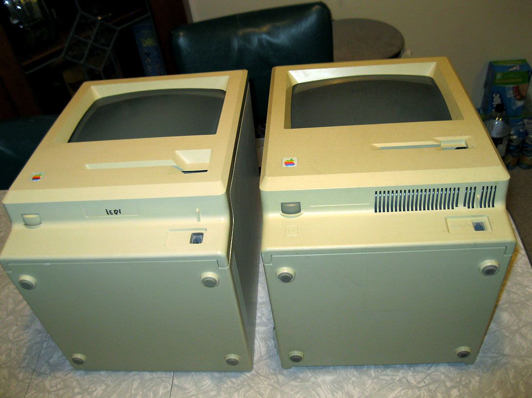 A prototype Twiggy Mac (left) lies beside a final version of the Macintosh 128K.