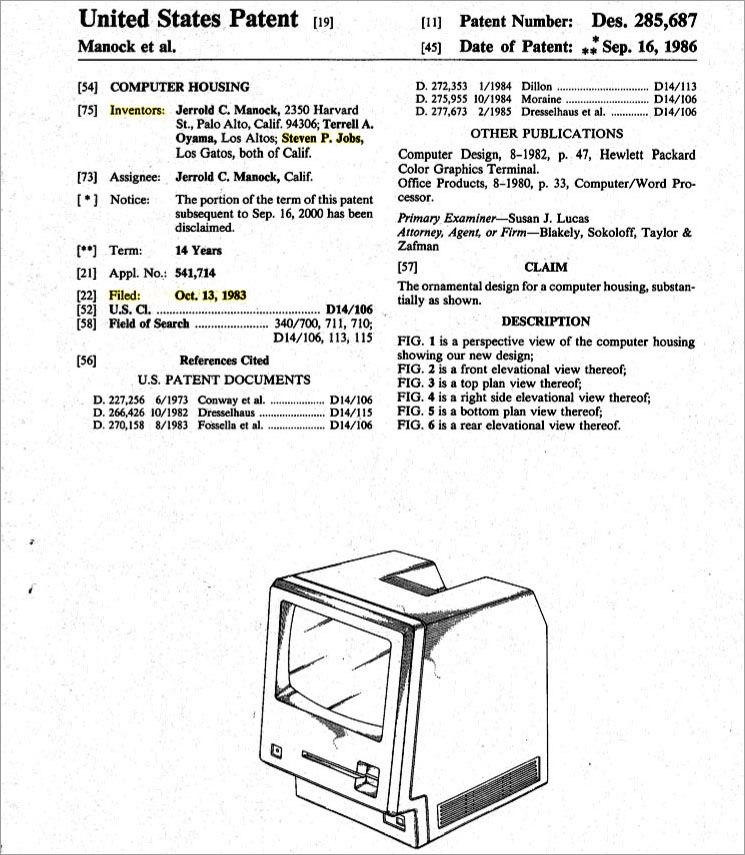 Patent for Macintosh Computer Housing showing Twiggy floppy disk drive with Jobs, Manock and Oyama on the document.