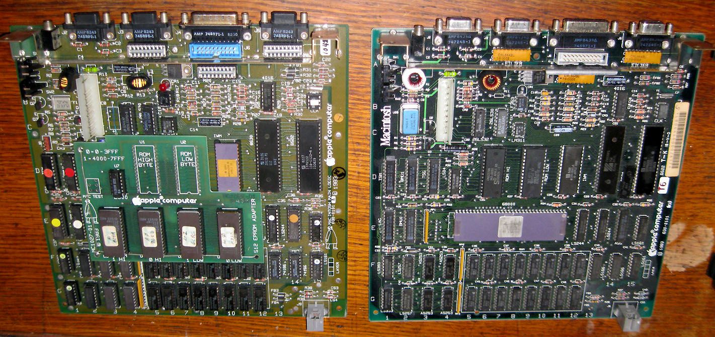 This Twiggy Mac motherboard with custom ROMs (left) is similar to a Mac 128K motherboard.