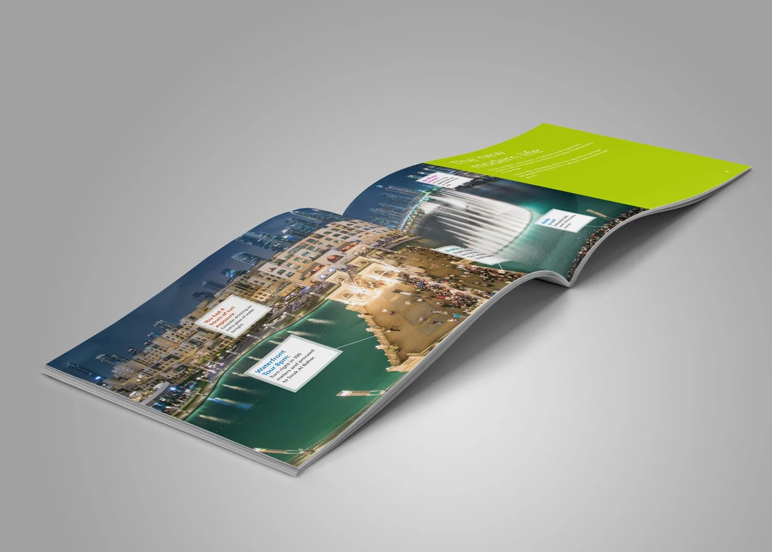 Two-page booklet spread showing text windows overlayed on a waterfront cityscape showcasing how technology may benefit popular destinations.