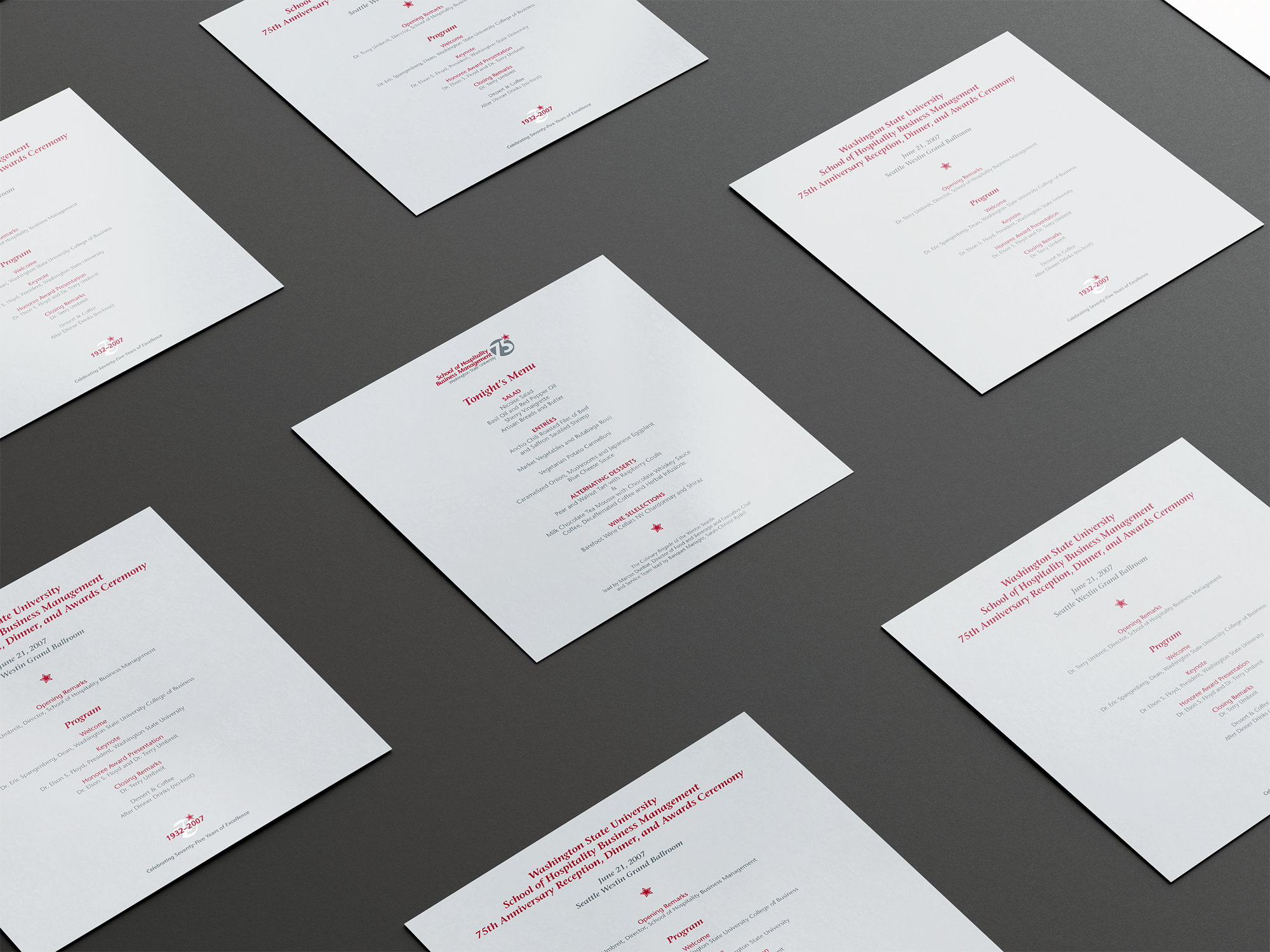 Program inserts with the evening’s program details on one side and the dinner menu with wine pairings on the reverse.