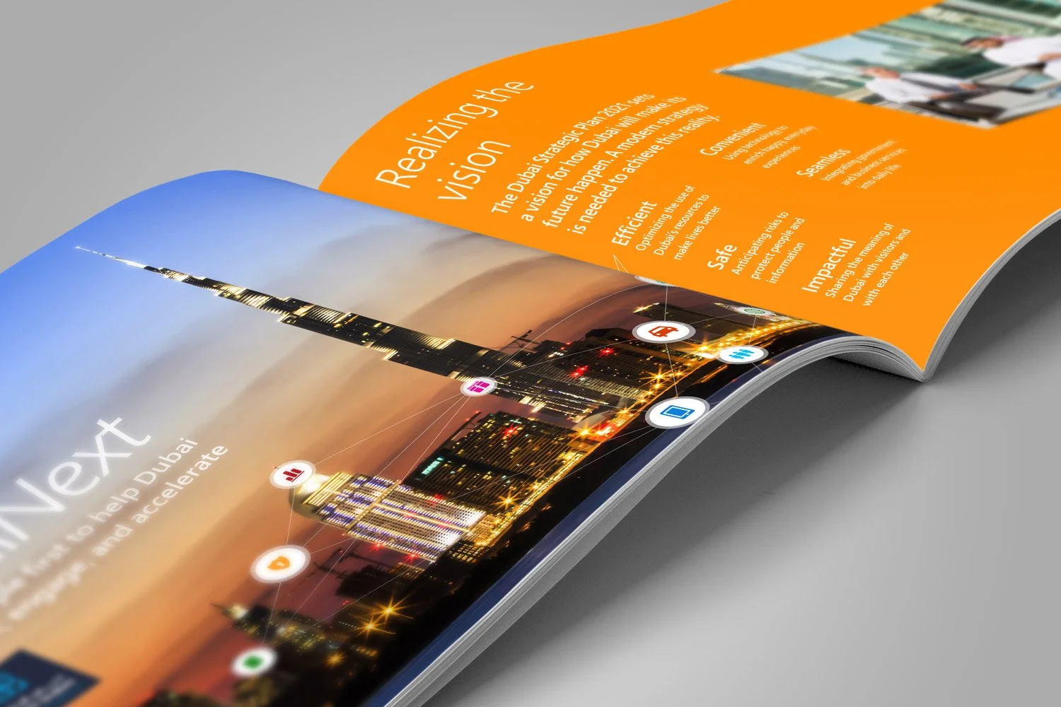 Close-up of a two-page spread showing of details of photography, icons, and typography.