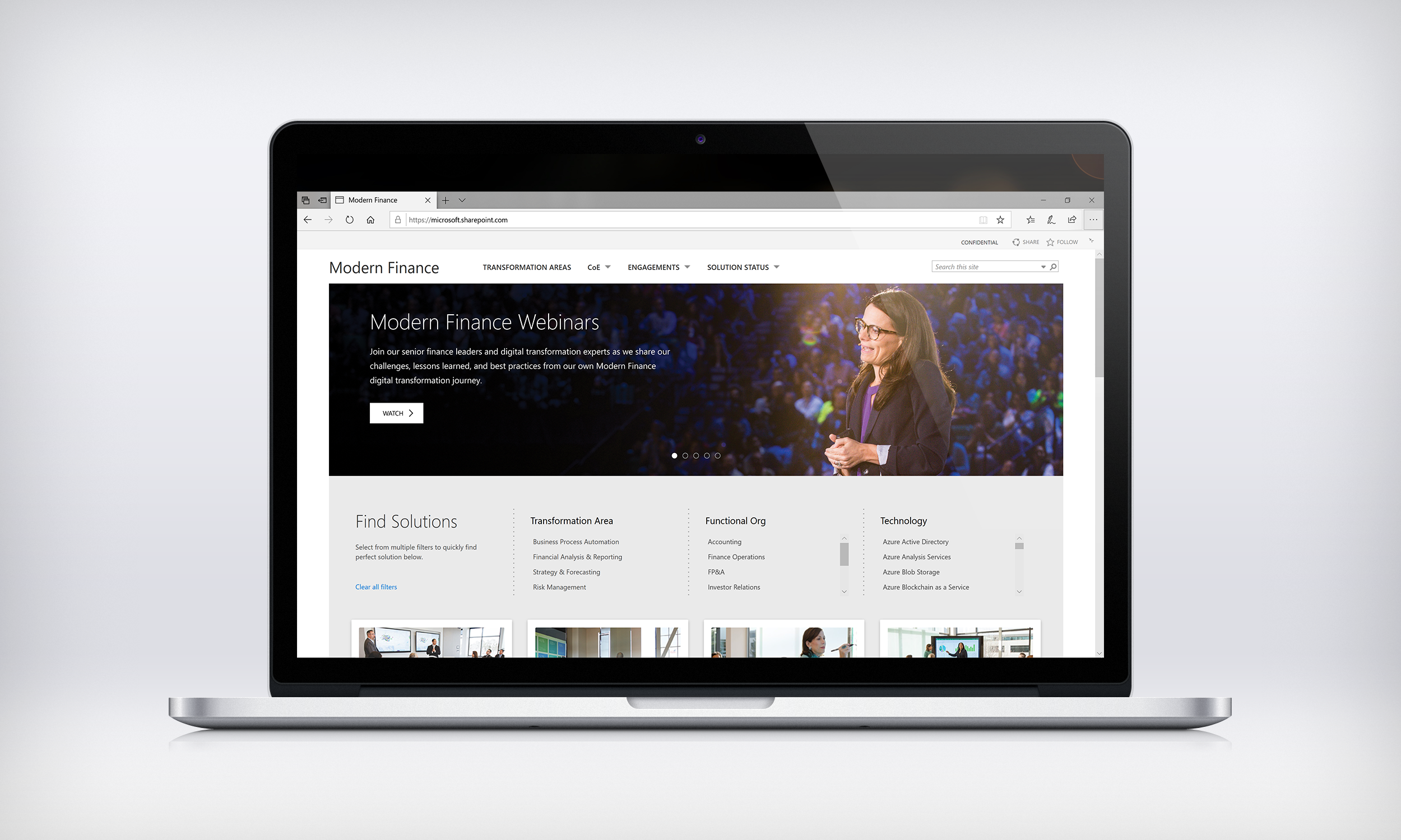 Internal Microsoft Modern Finance SharePoint home page displayed on a laptop.