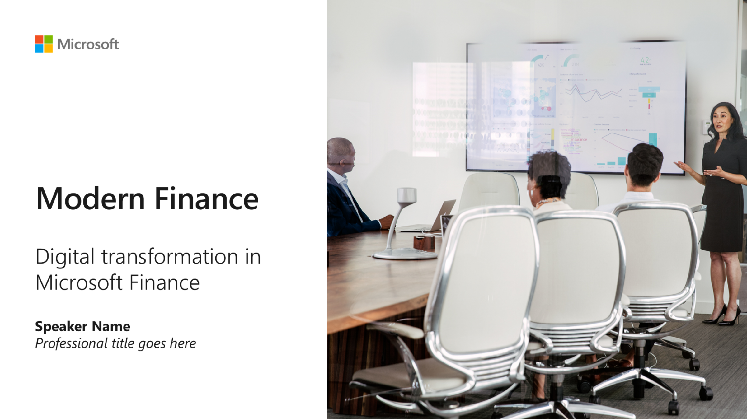A cover slide example for the Microsoft Modern Finance presentations. Showcases, logo, title, speaker information, and a photo containing people in a conference room looking at data on a TV.