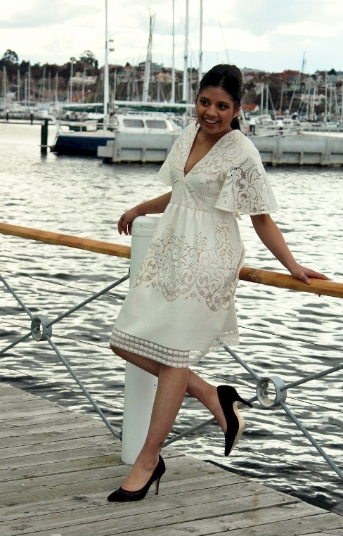 Bhavika wearing woven lace 70's-inspired dress 2016