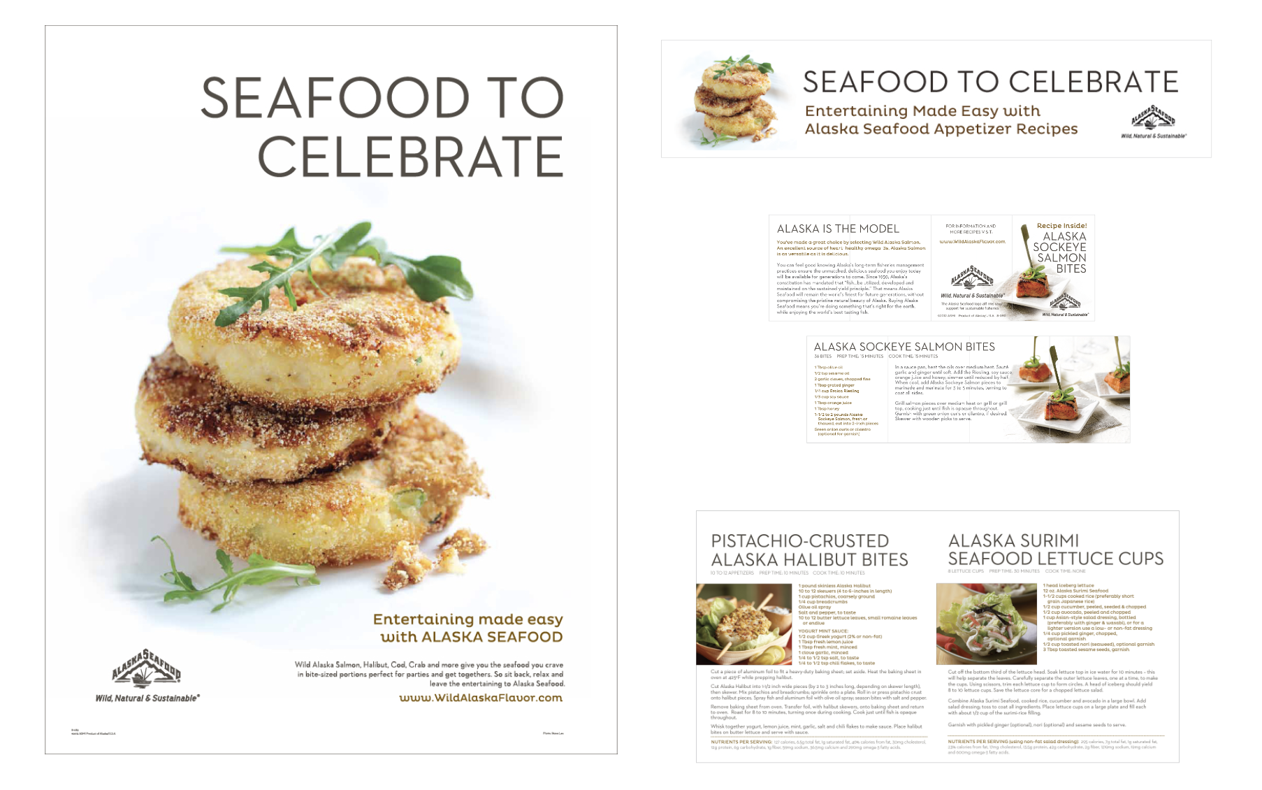 Seafood To Celebrate Campaign: Retail Poster Signage, Web Banner, Retail On-Pack (small recipe folded and adhered to packaged fish), Spread from Retail Recipe Booklet
