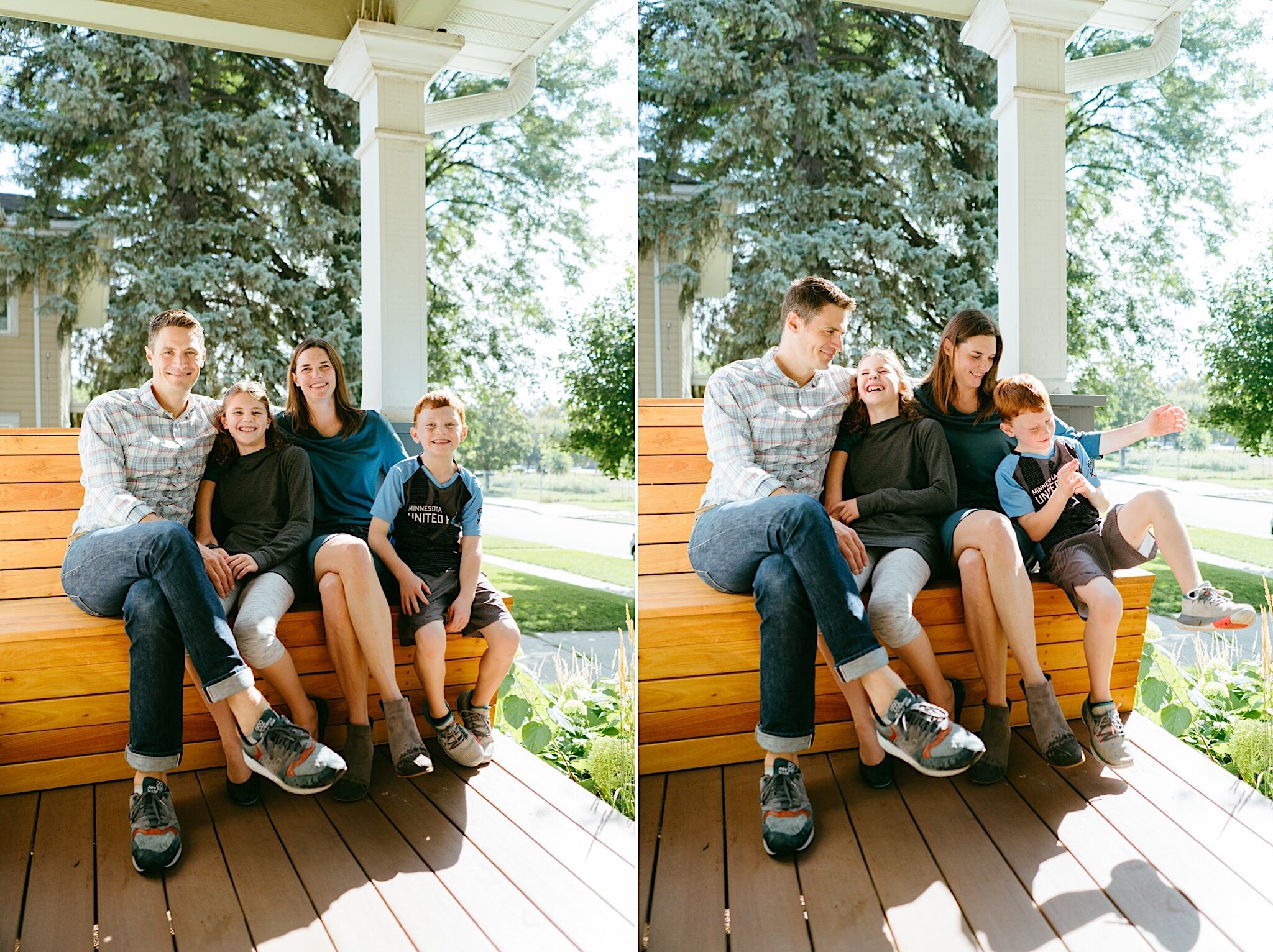 A family sitting together on their porch at home during a portrait session in Edina