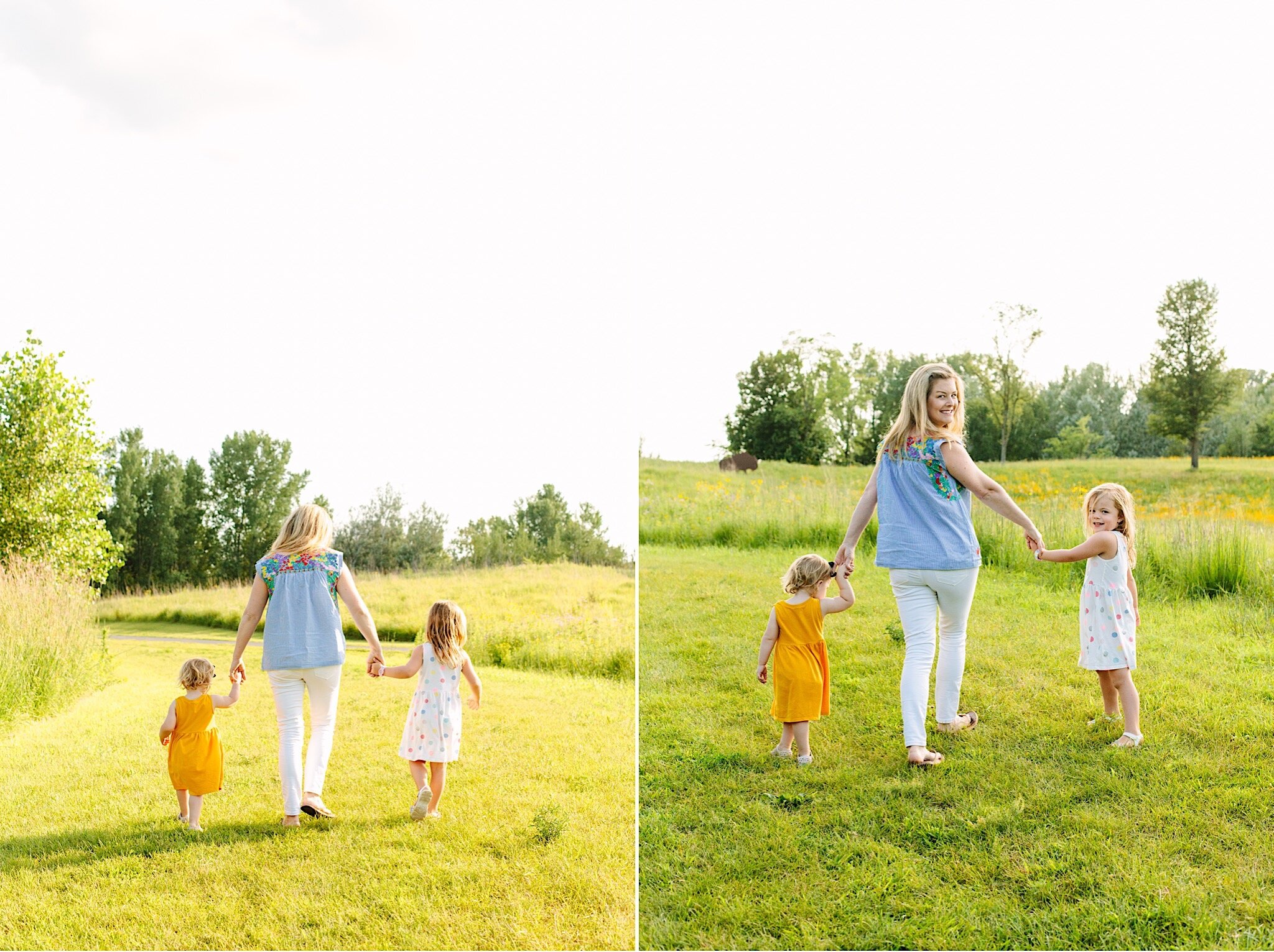 A mother and daughters walking together during family portraits in Minnesota