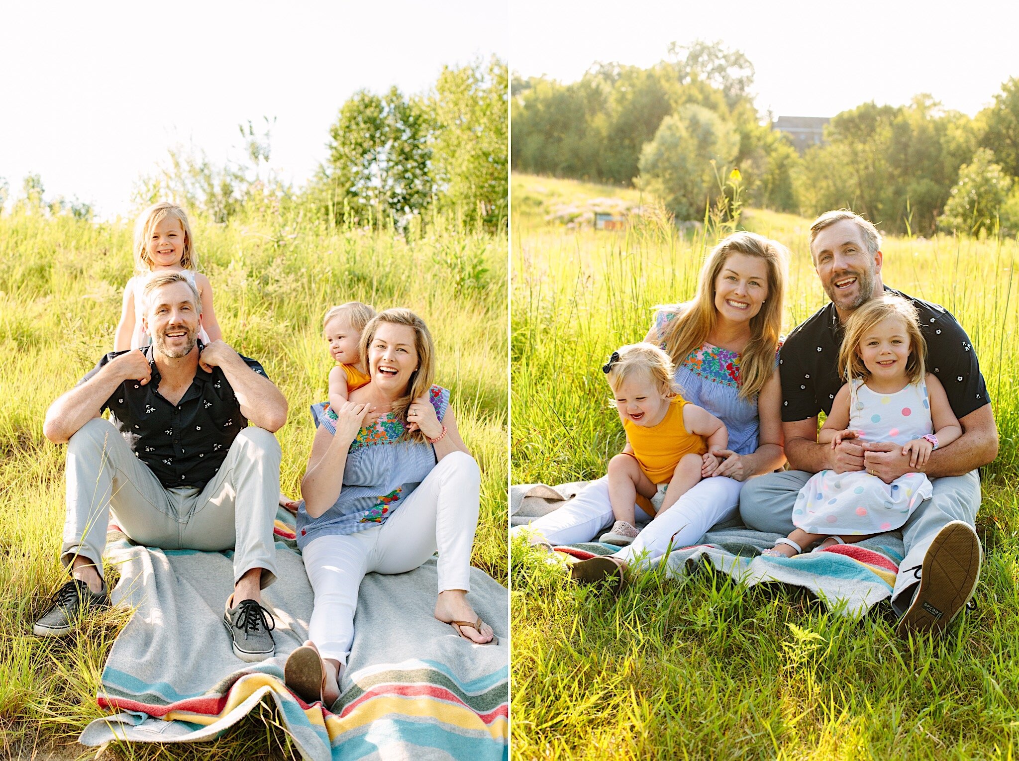 A family portrait session on a wool blanket in a tall grass field in Minnesota