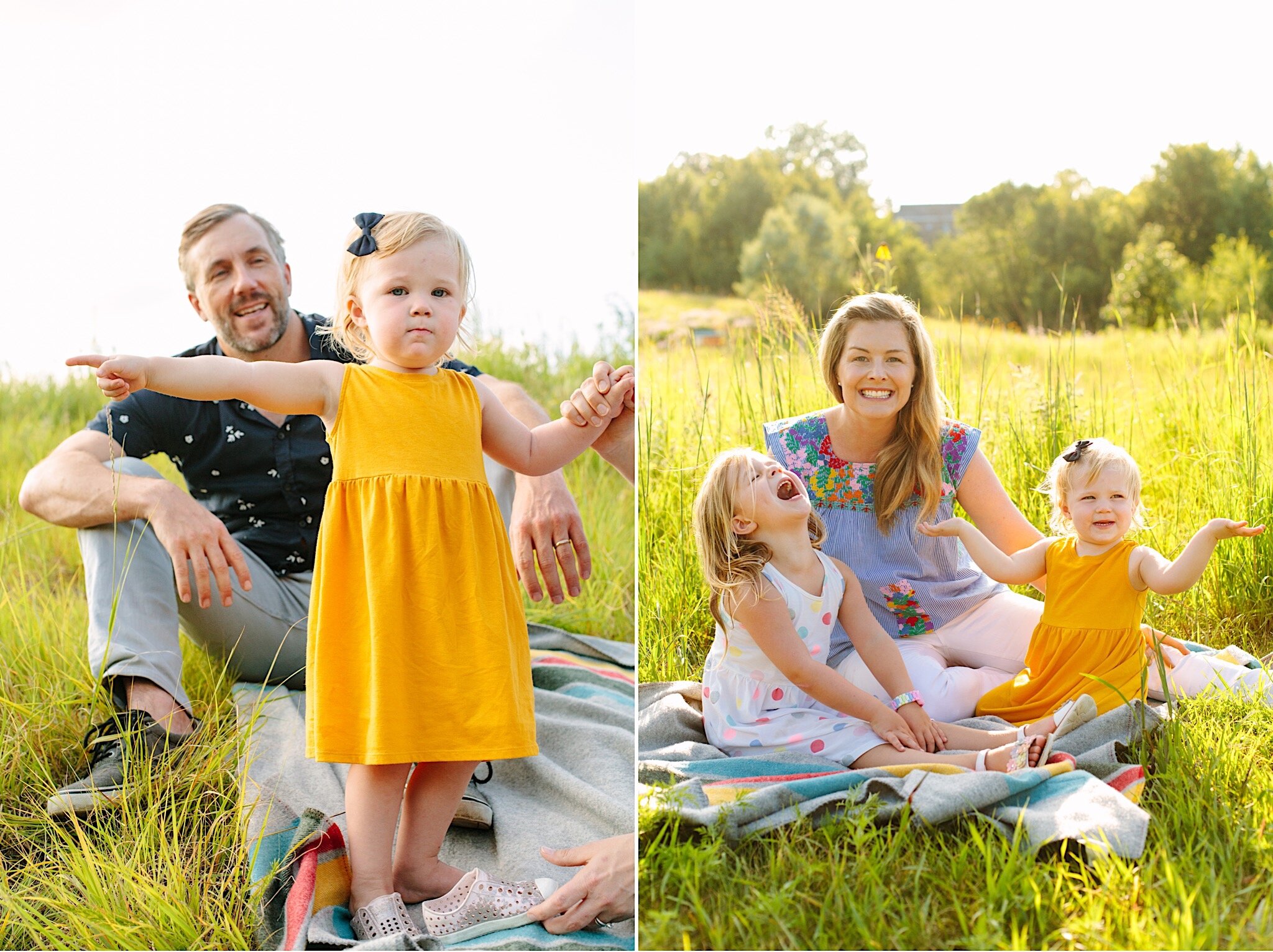 A family sitting together on a picnic blanket in a grassy field during a family photography session