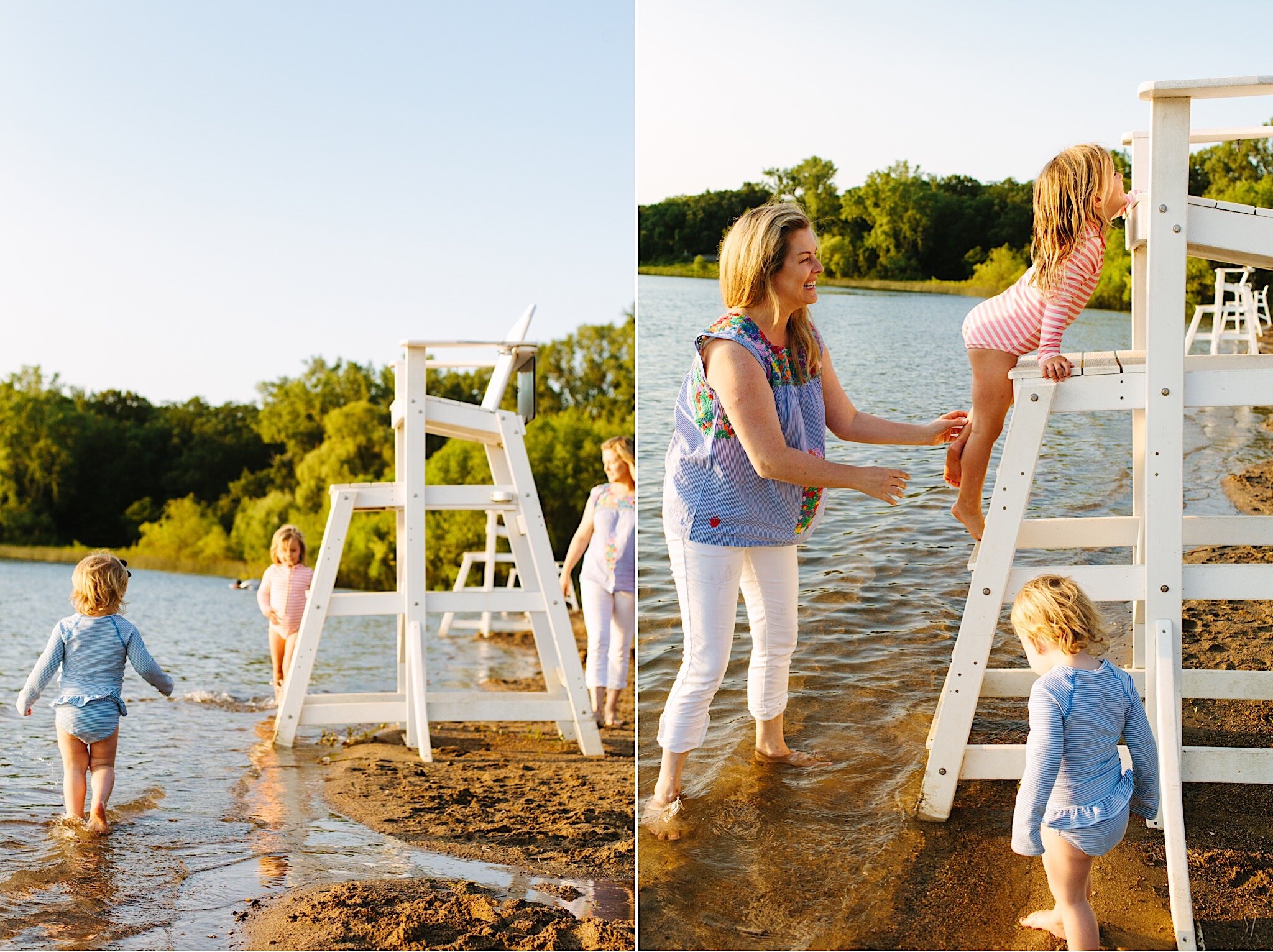 Family pictures on a lifeguard tower by a lake