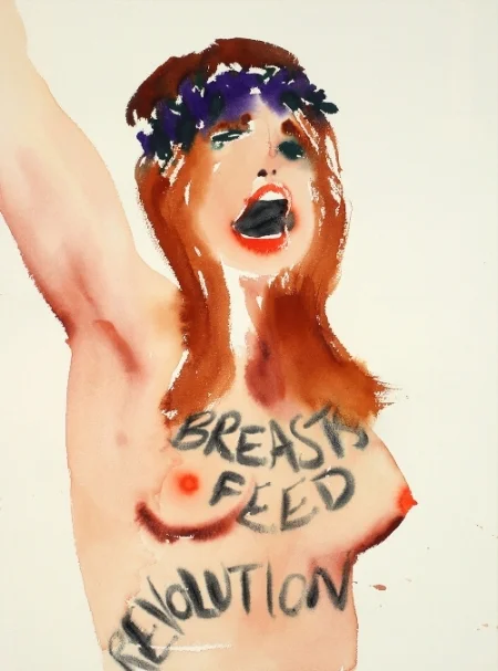 Breasts Feed Revolution , 2016, watercolor on paper, 30 x 22 inches. © Nadine Faraj 2016.