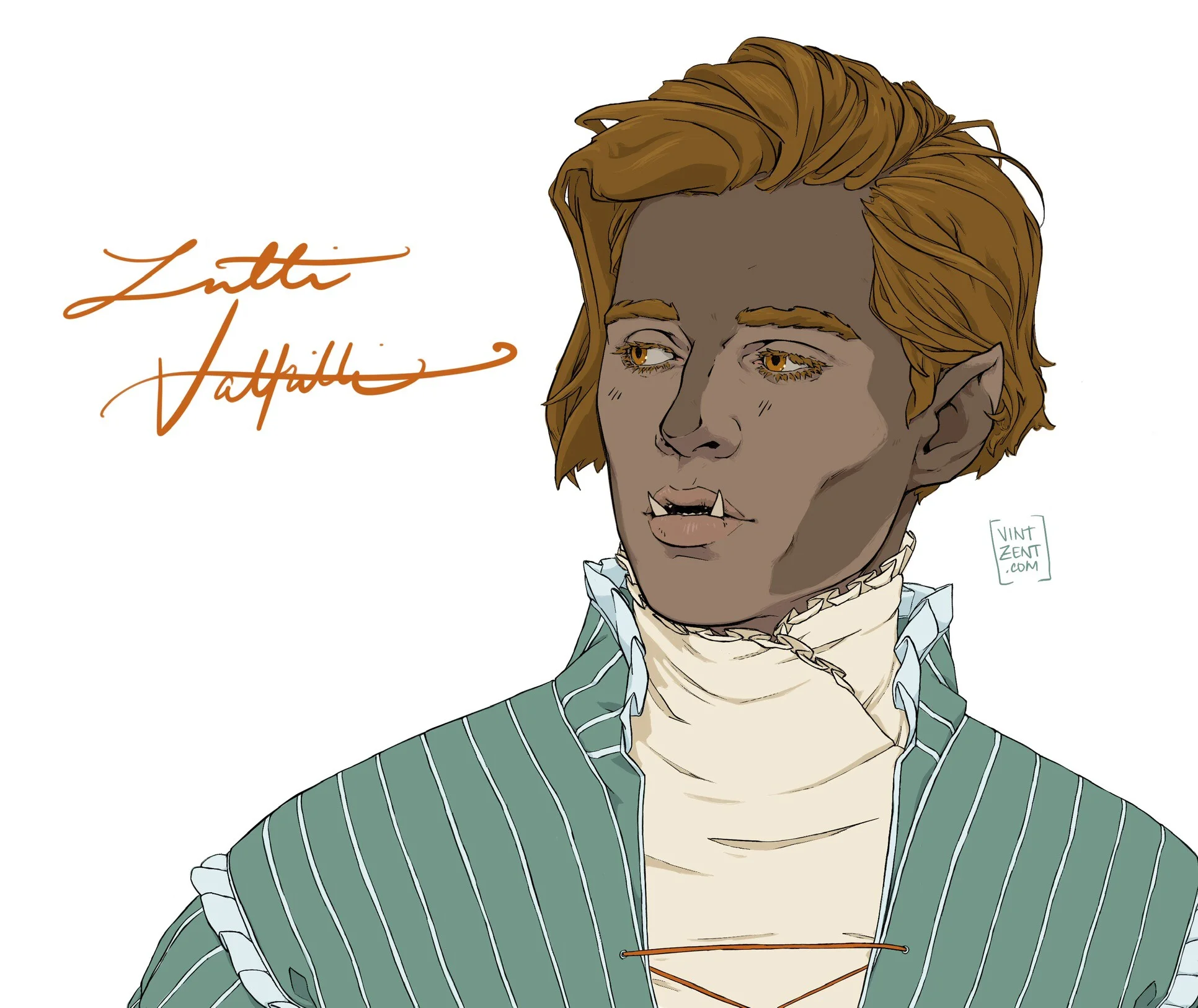 April 2019 - Character concept for an upcoming DnD campaign: Lutti Valfritti, half-orc bard. 