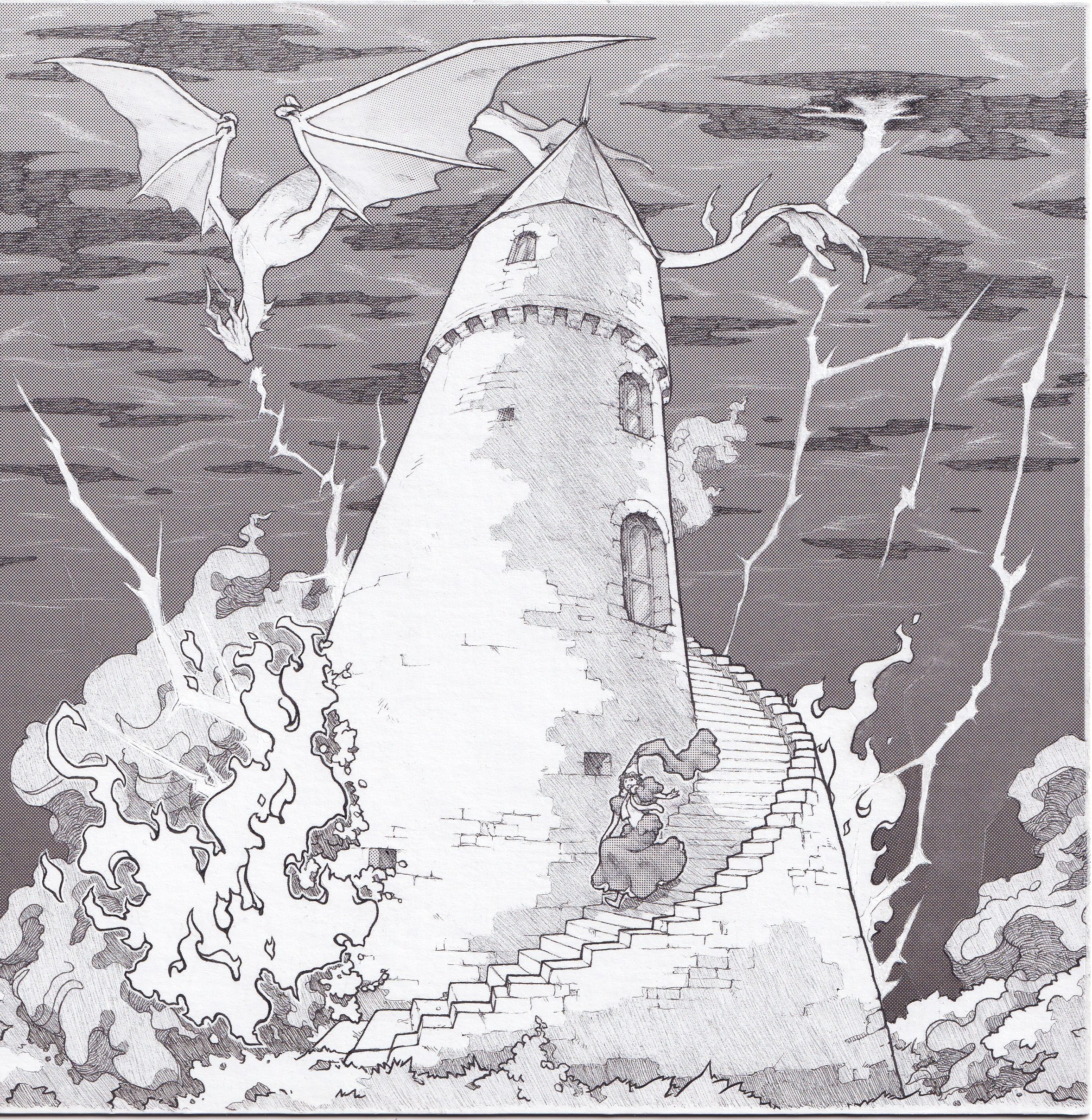  2/10 - Lightning-Struck tower for Square Up Art Show, June 2026. 8×8” micron pens and screentones on artboard.  