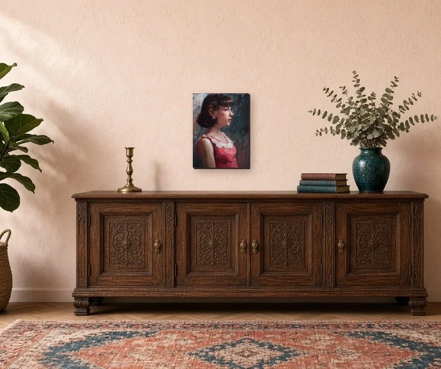Standing Alone oil painting by Matt Talbert shown above a sideboard