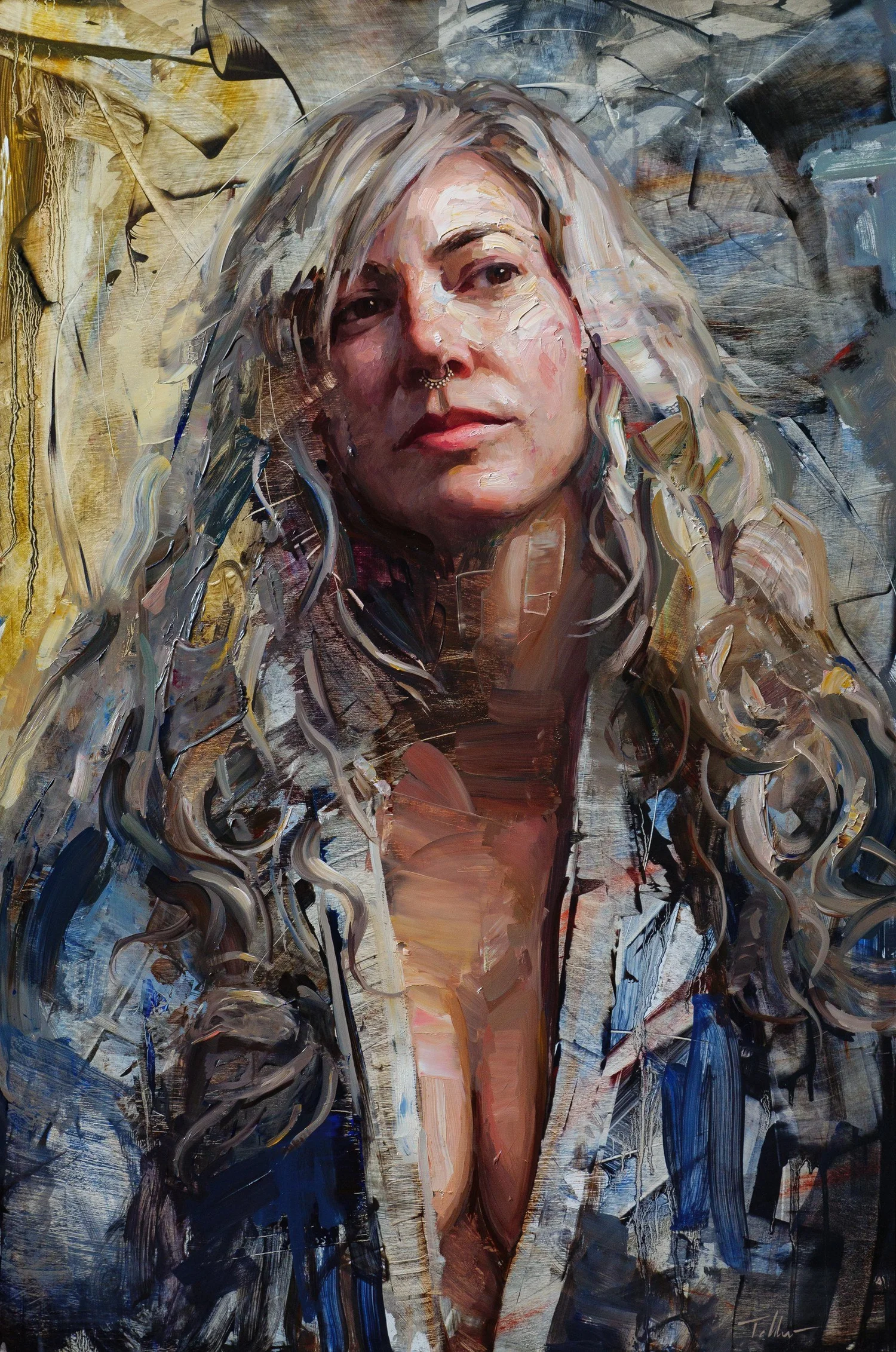Wildflower, oil portrait of a woman in a blue robe by Matt Talbert