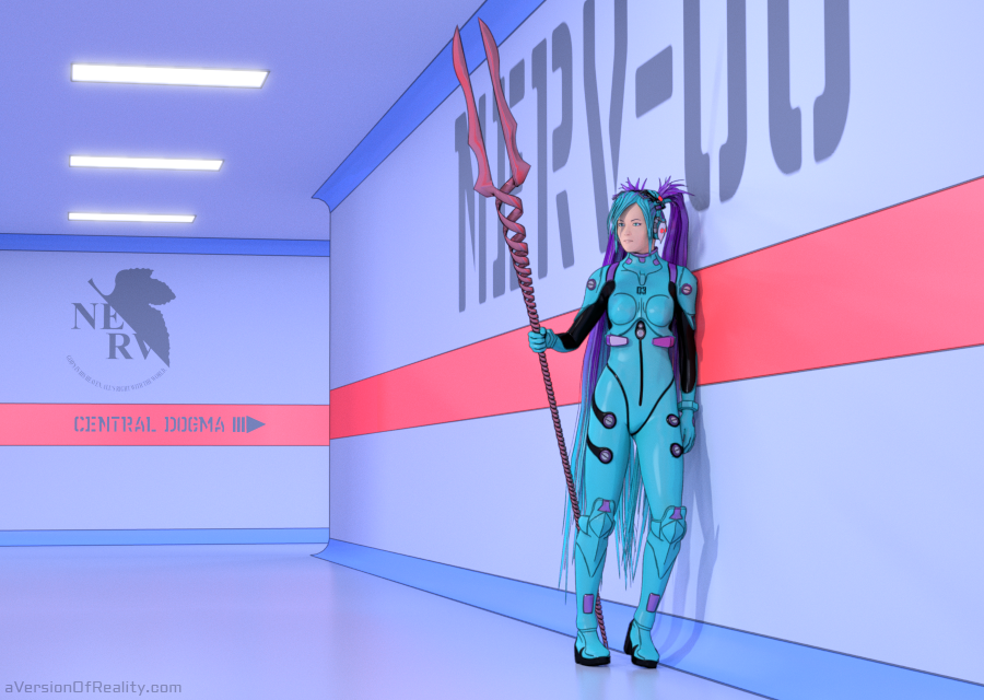 Maiko's first outfit: cosplaying an Evangelion pilot with Hatsune Miku style hair.